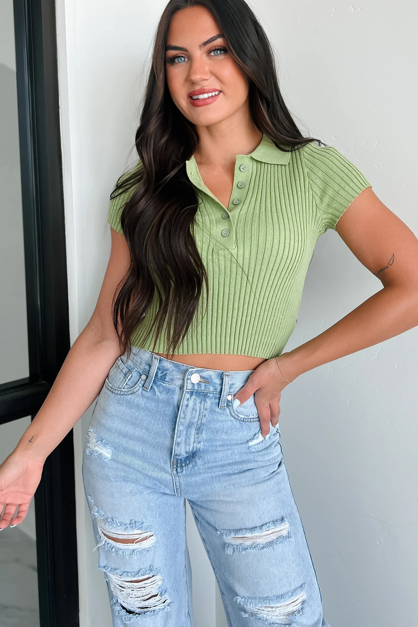 Inspiring Sweetness Sweater Knit Polo Top (Green) - Image 4