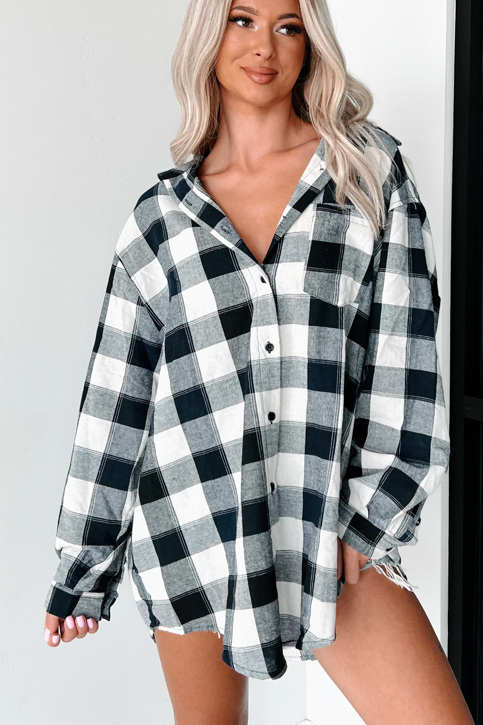 Just Being Myself Oversized Plaid Linen Shirt (Navy) - Image 3