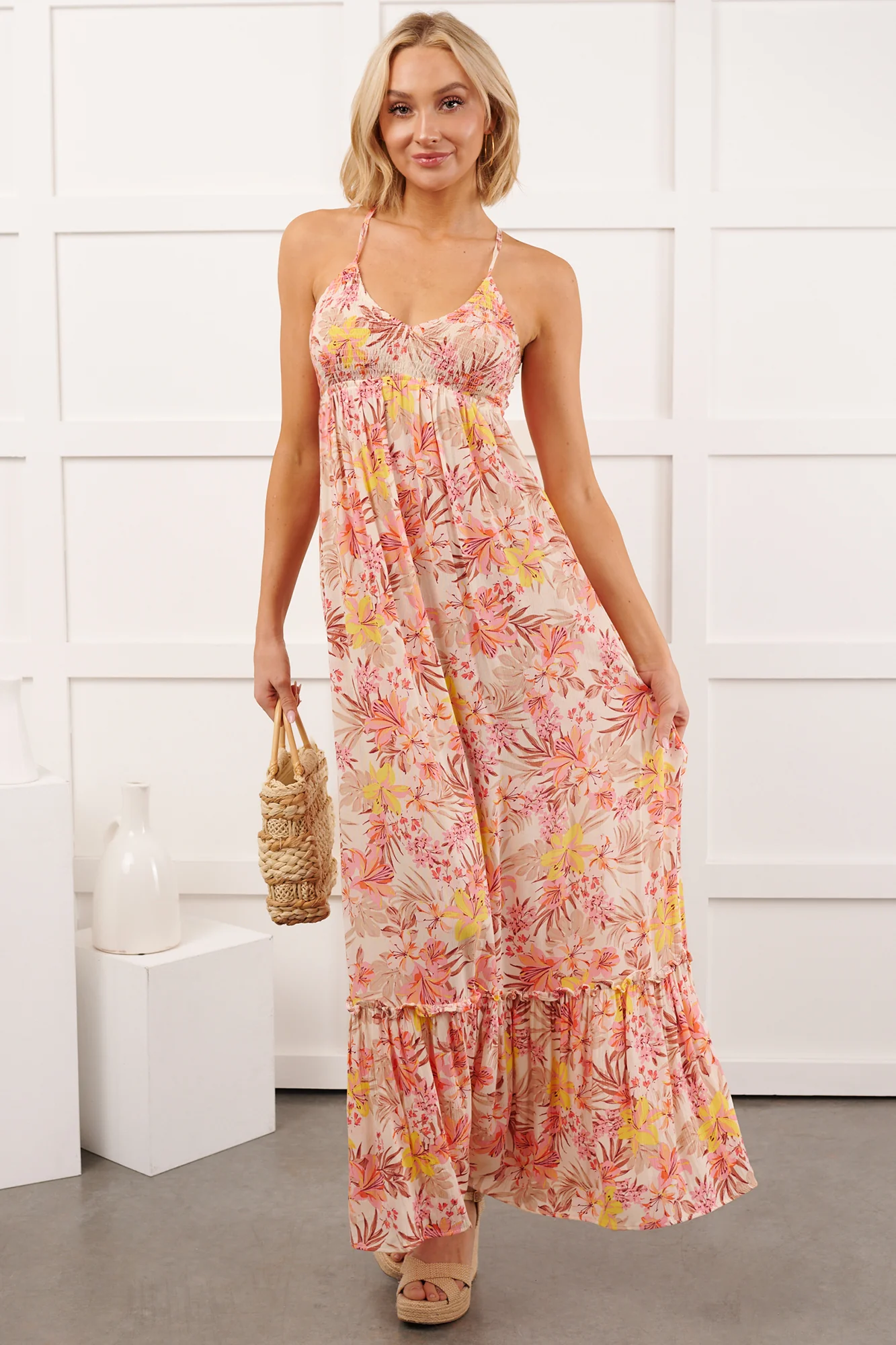 Kissed Soft Sleeveless Floral Maxi Dress (Ivory/Pink) - Image 2