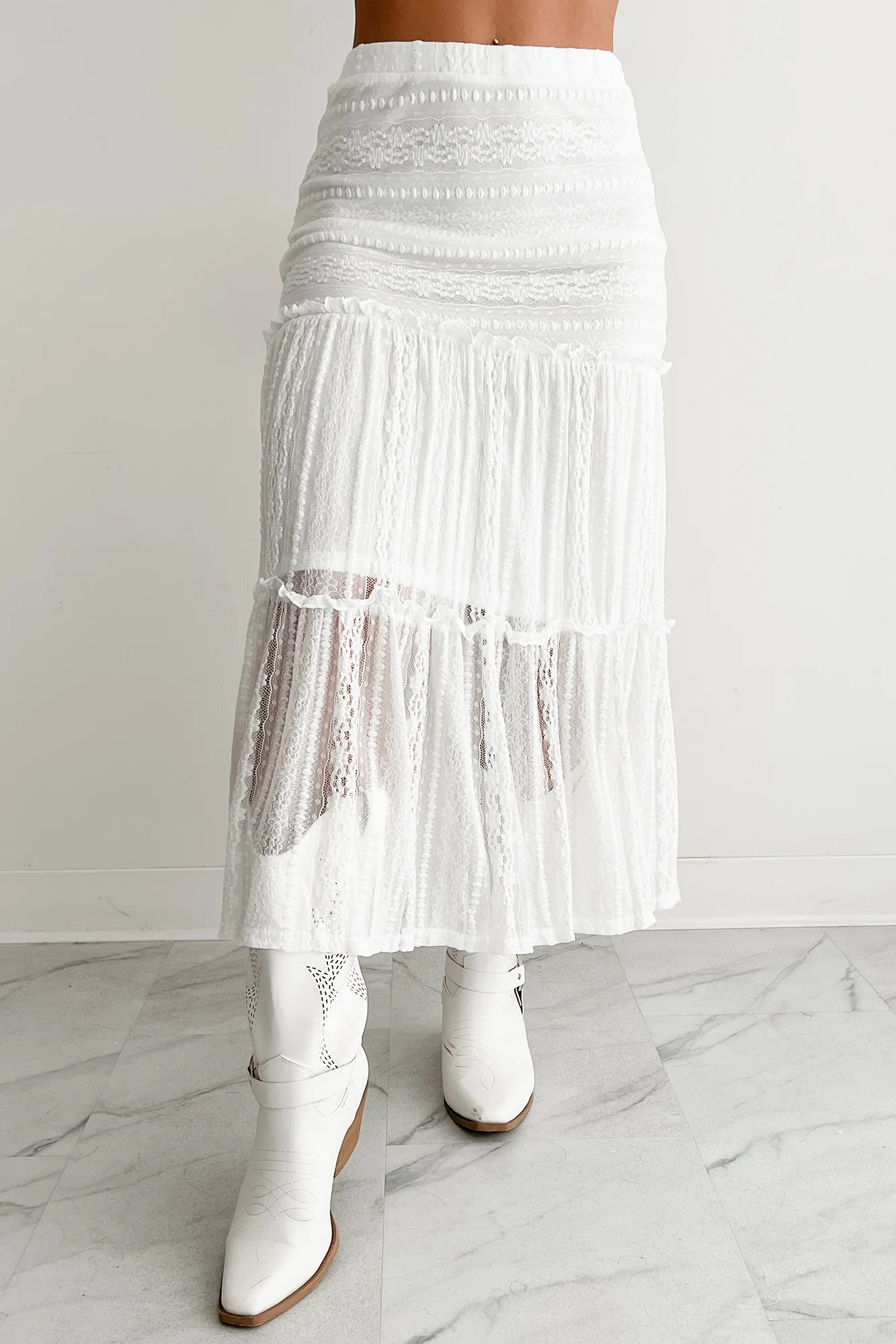 Lacy Daze Tiered Lace Midi Skirt (Off White) - Image 6