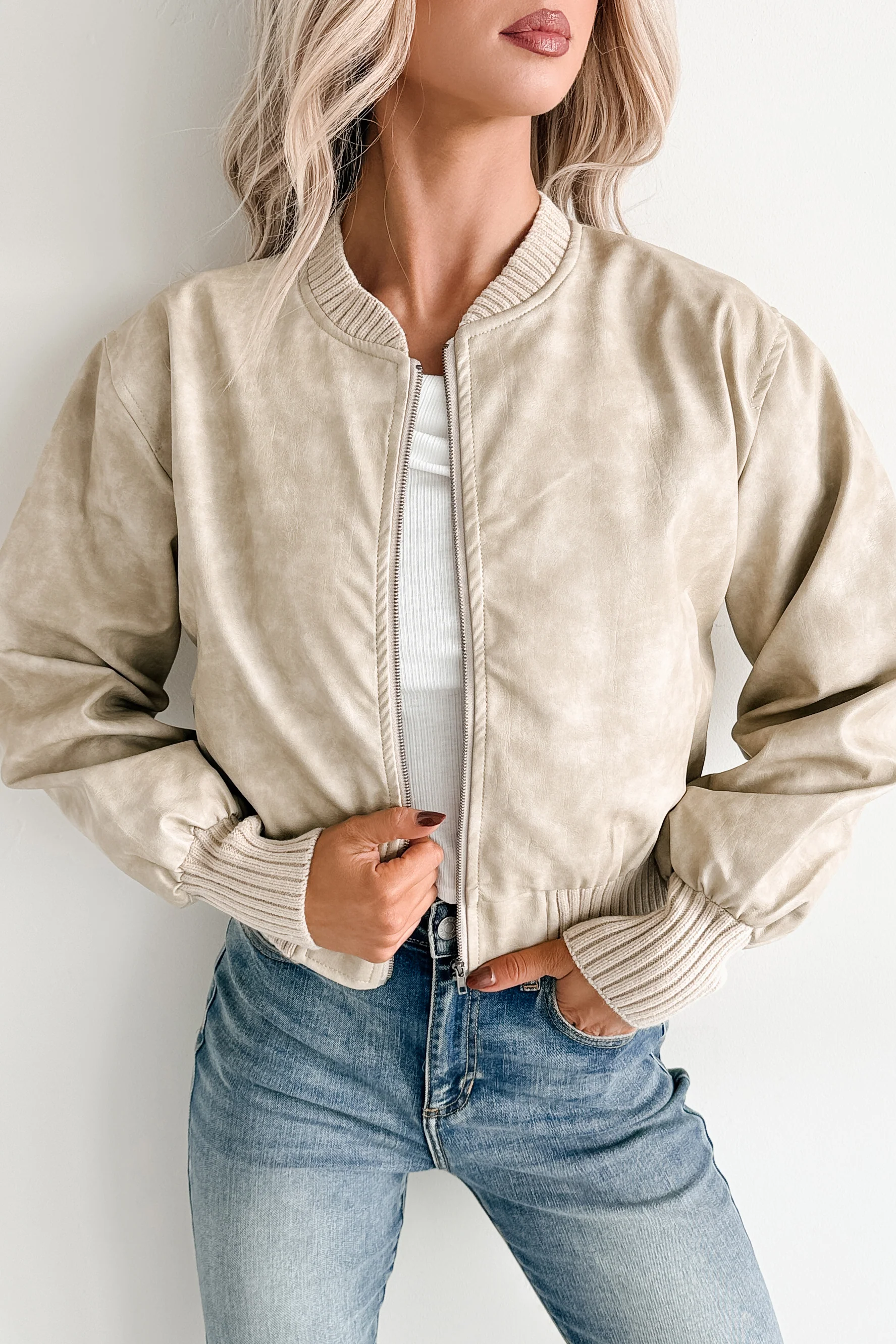 Leading Now Faux Leather Bomber Jacket (Sand) - Image 3