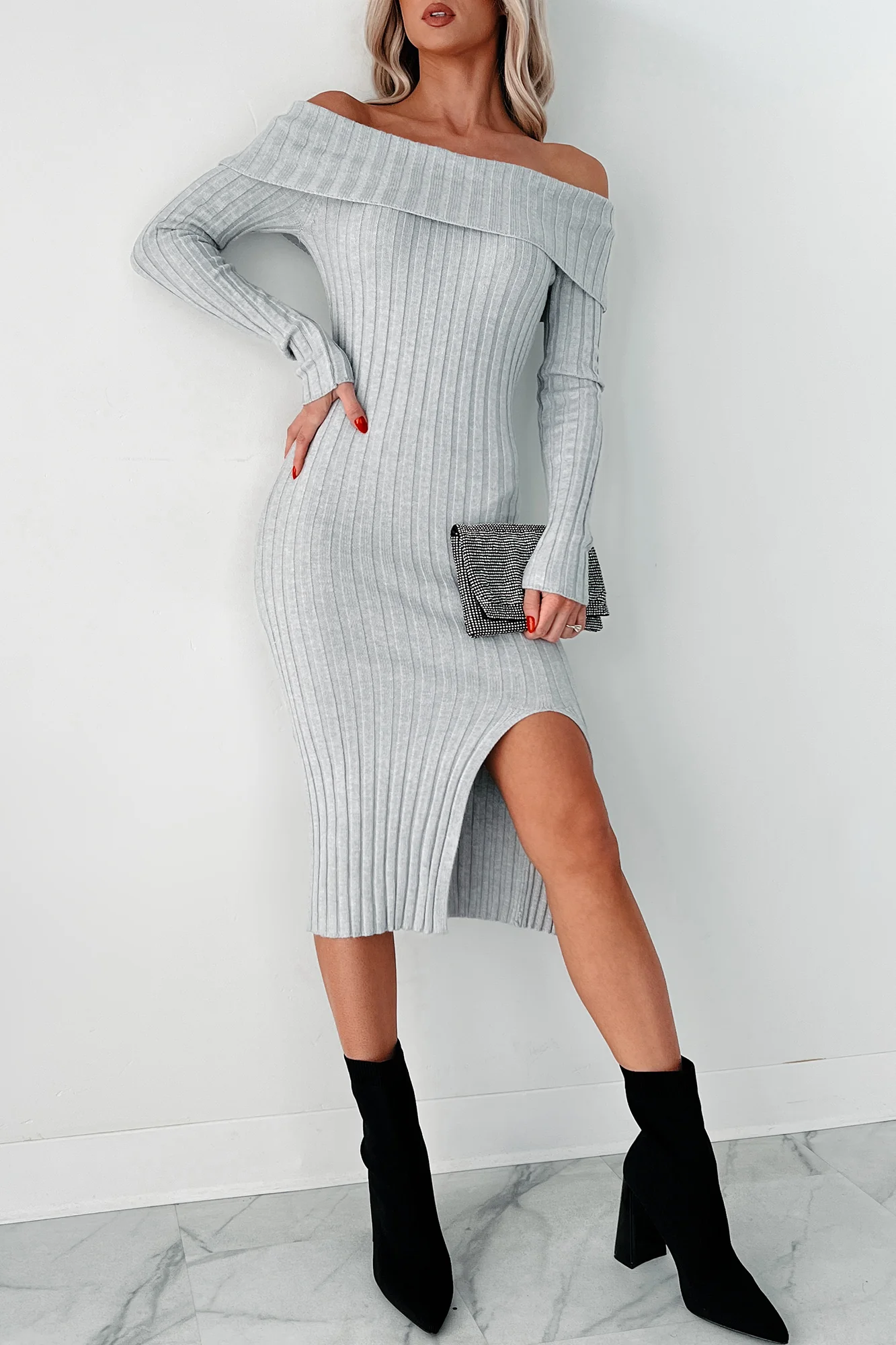 Leah Off The Shoulder Sweater Dress (Light Heather Grey) - Image 2