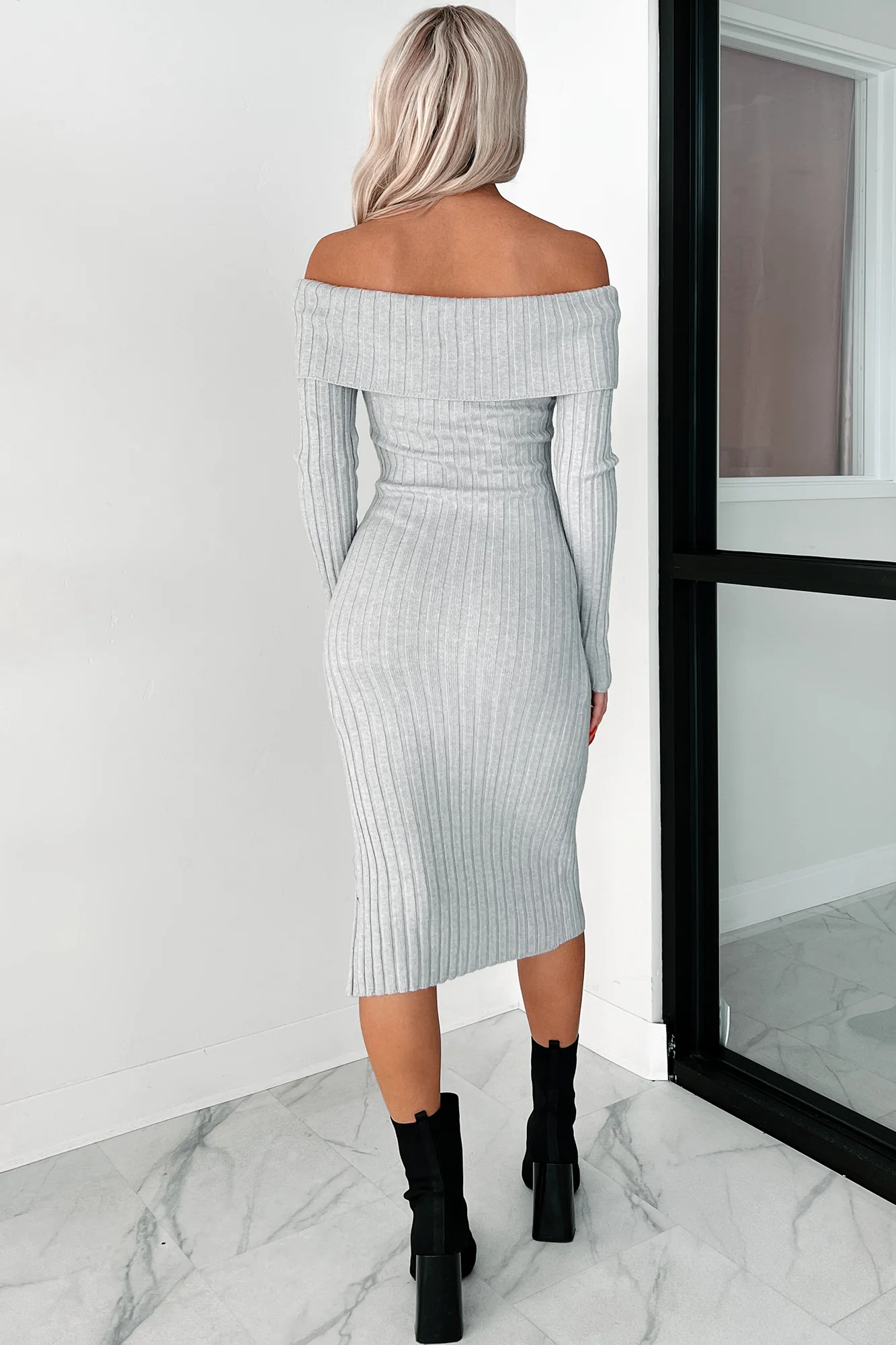 Leah Off The Shoulder Sweater Dress (Light Heather Grey) - Image 4