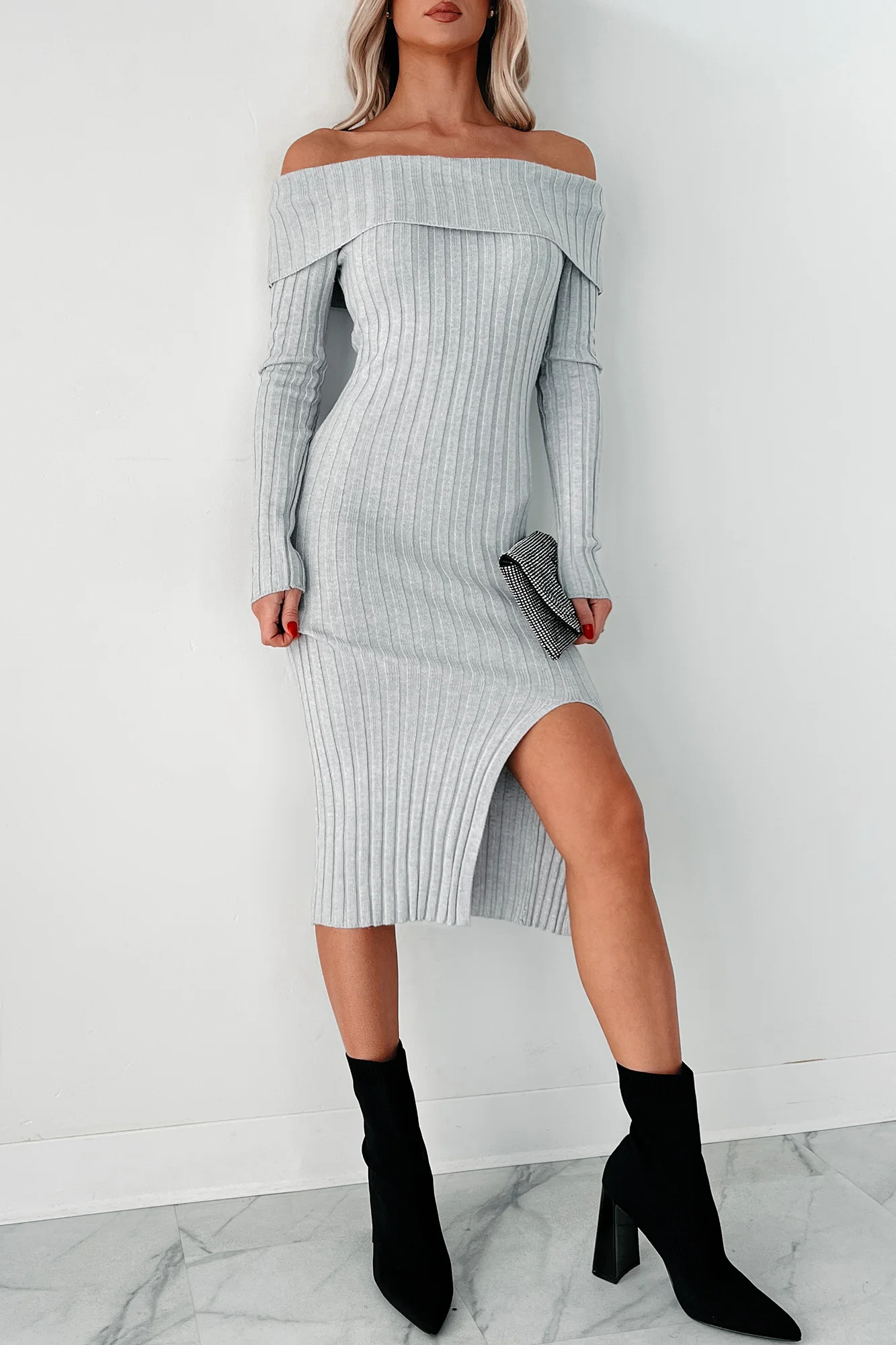 Leah Off The Shoulder Sweater Dress (Light Heather Grey) - Image 7