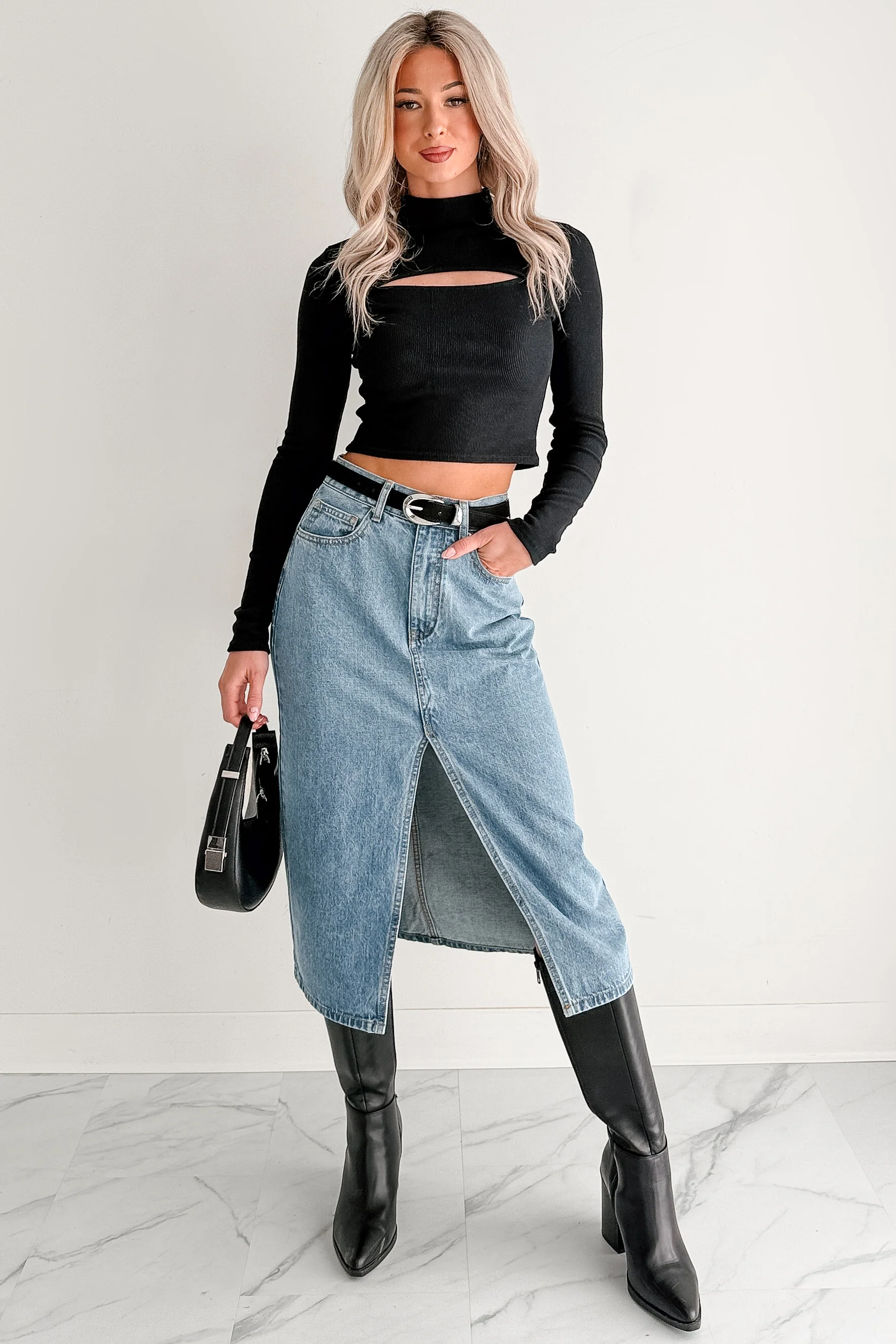 Leigh Long Sleeve Peekaboo Mock Neck Top (Black) - Image 14