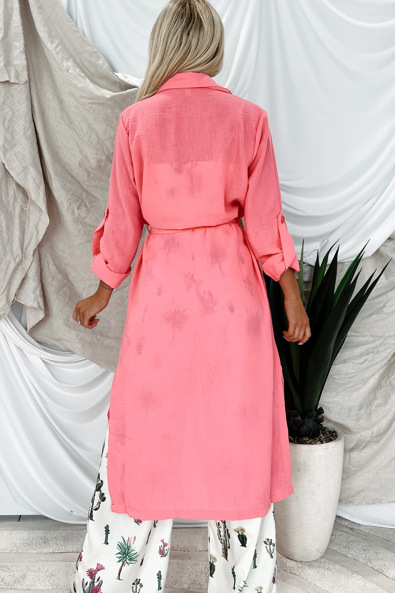 Live Colorfully Tie-Waist Linen Trench Coat (Hot Pink) - Image 3