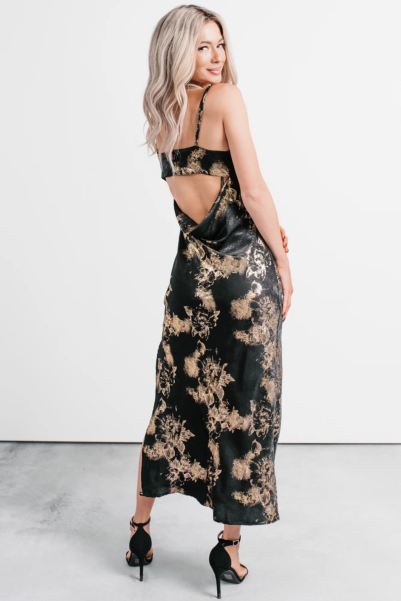 Love Bomb Cutout Back Floral Maxi Dress (Black/Gold) - Image 2