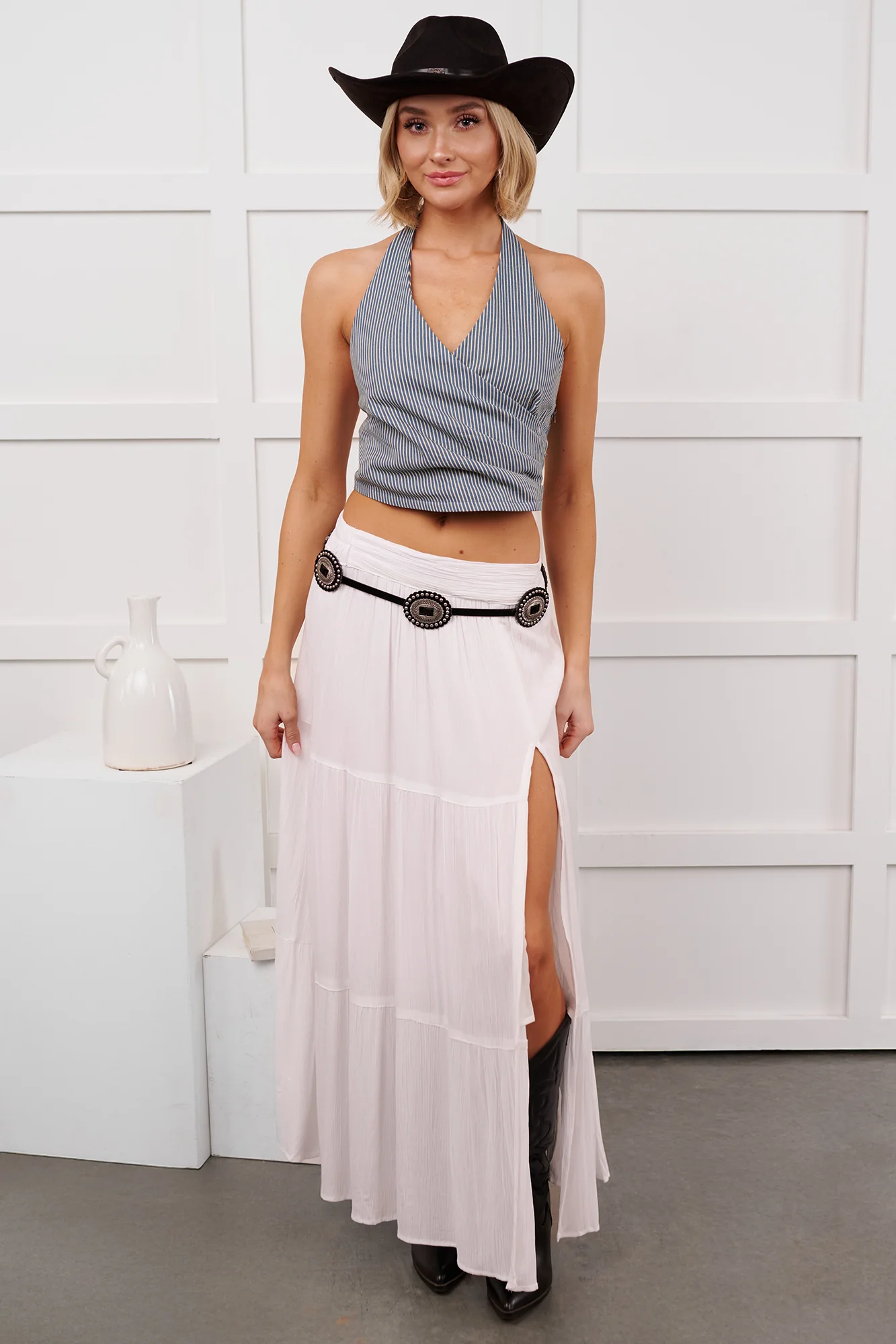 Love Cue Stripe Halter Denim Crop Top (Blue/White) - Image 2