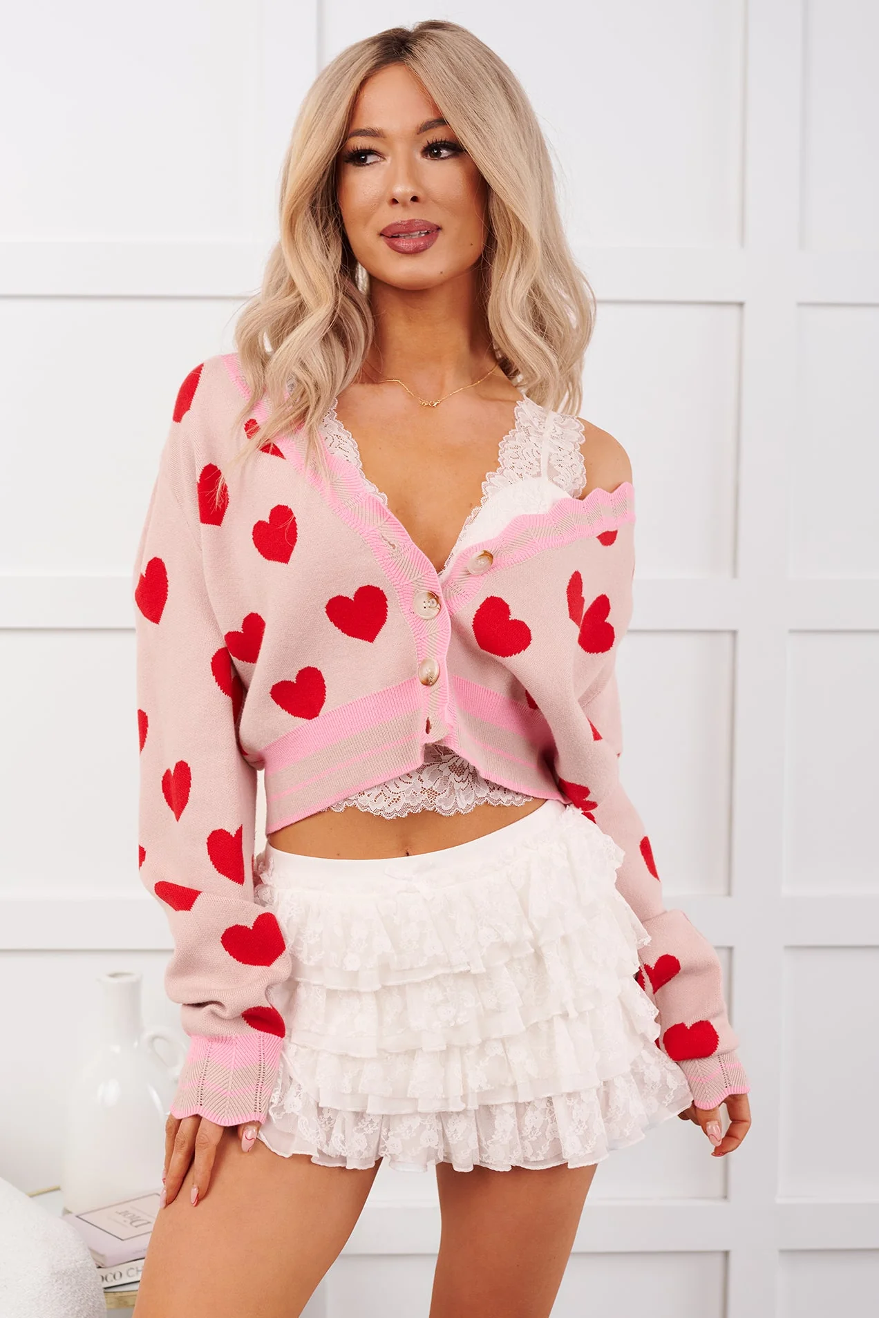 Lover's Lane Heart Pattern Scallop Edge Cardigan (Blush/Red) - Image 2