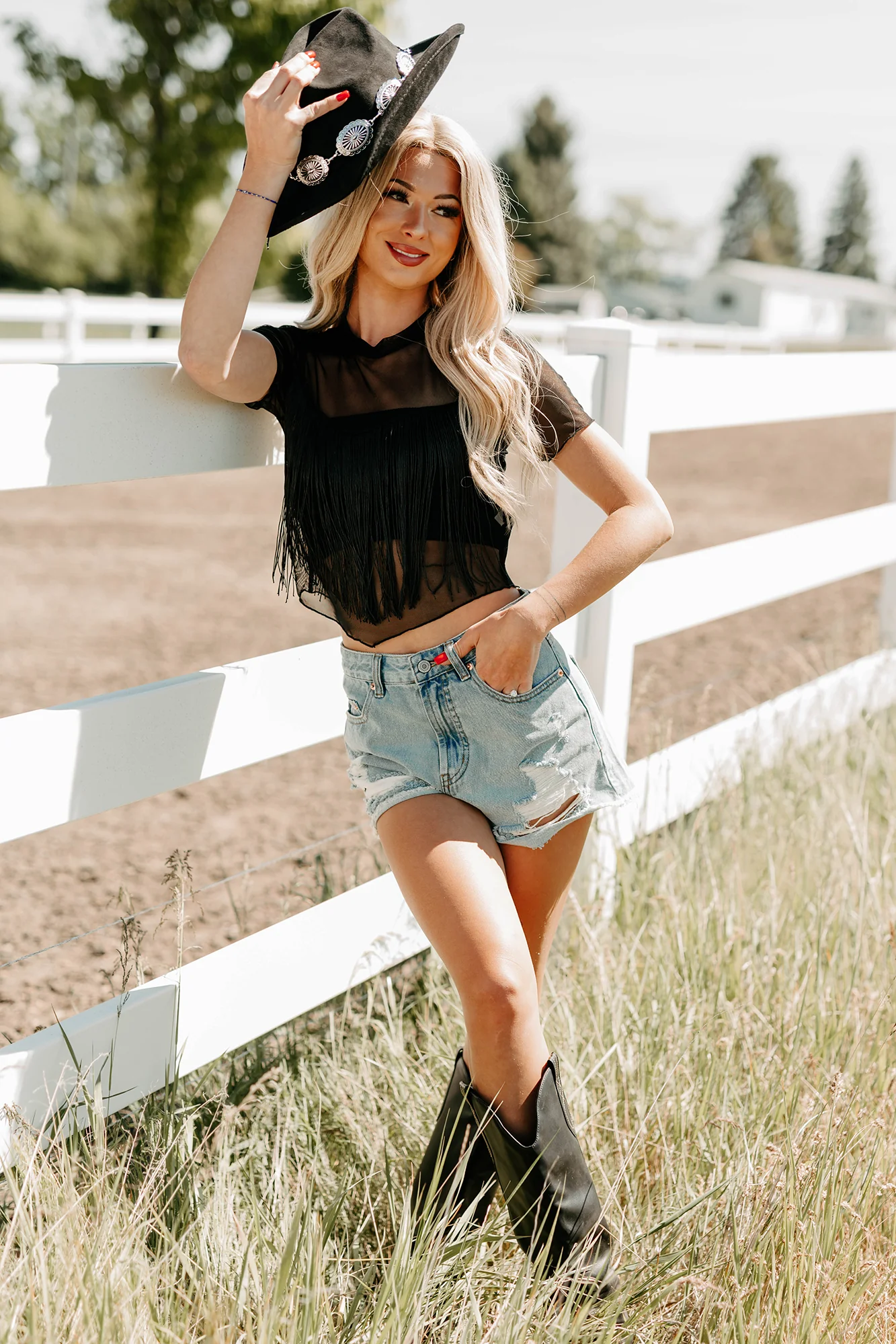 Made To Miss Fringe Mesh Short Sleeve Top (Black) - Image 8