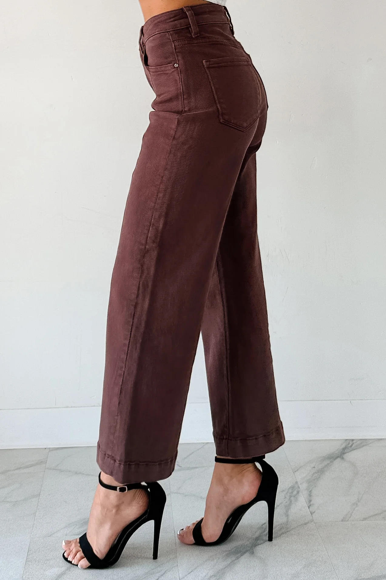 Maizie Tummy Control Wide Leg Cropped Risen Jeans (Choco Brown) - Image 4