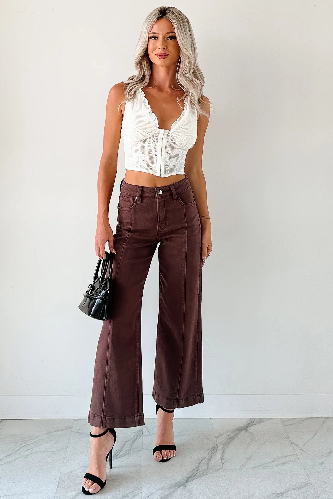 Maizie Tummy Control Wide Leg Cropped Risen Jeans (Choco Brown) - Image 6