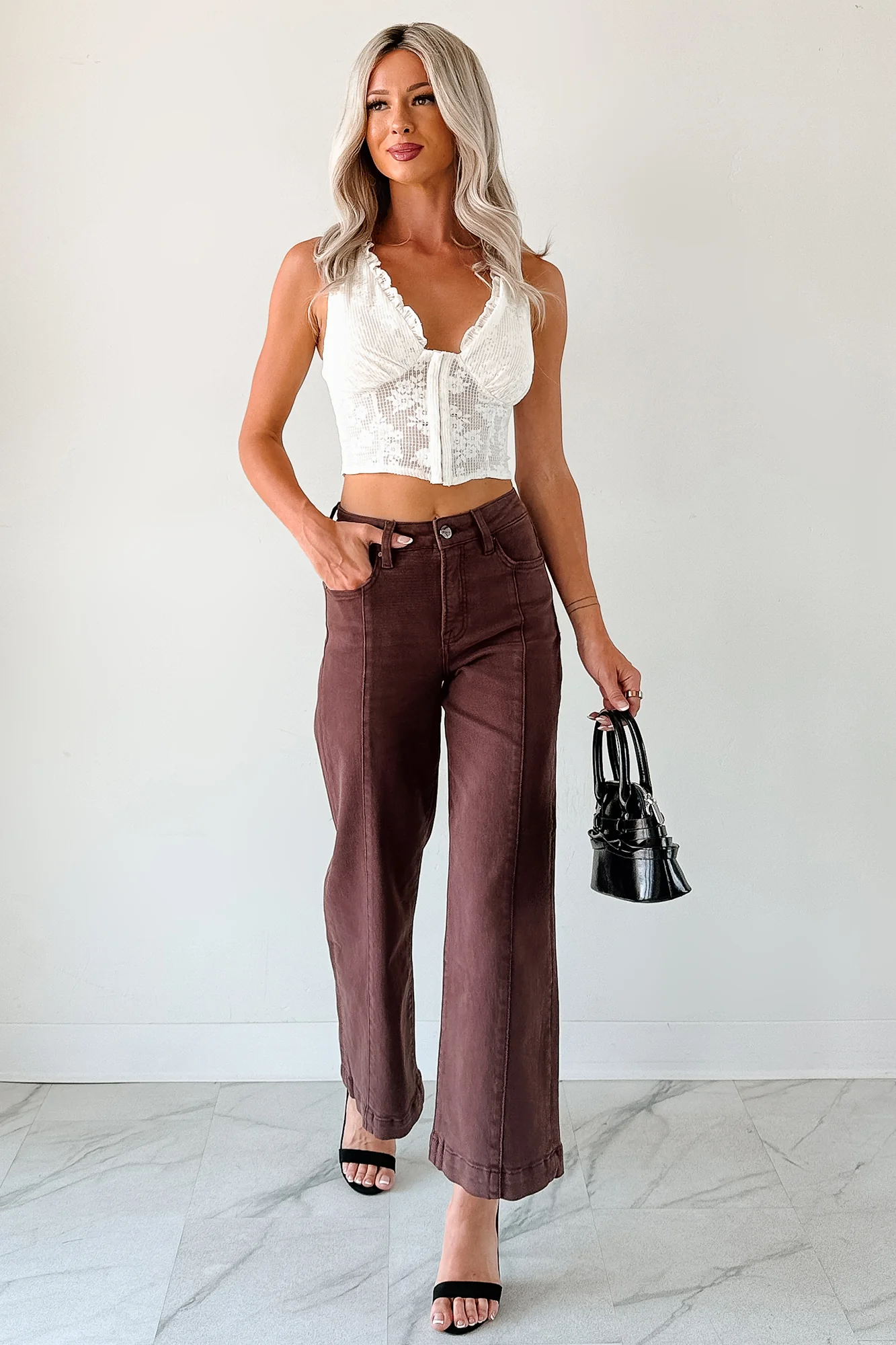 Maizie Tummy Control Wide Leg Cropped Risen Jeans (Choco Brown) - Image 8