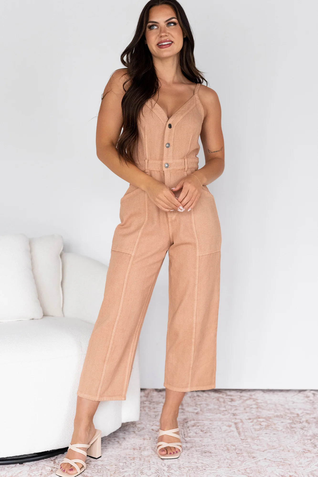 Memories In Focus Button Front Denim Jumpsuit (Terracotta) - Image 6