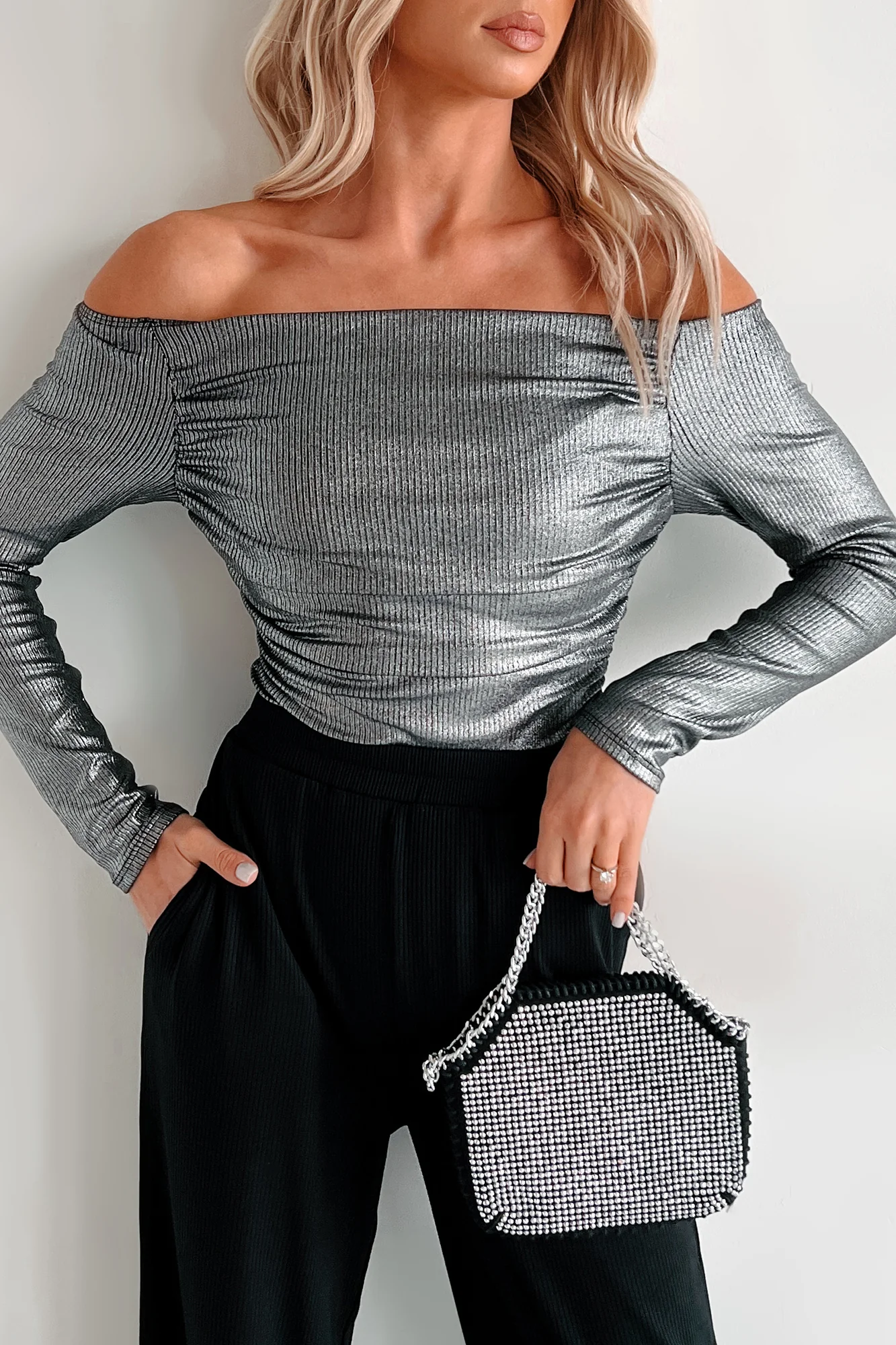 Midnight Magnetism Off The Shoulder Metallic Bodysuit (Galaxy Black)