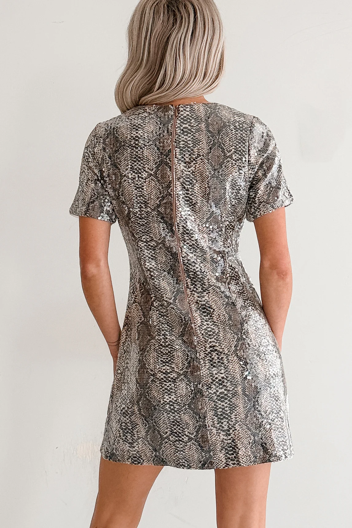 Moved Along Sequin Snakeskin Print Mini Dress (Black/Taupe/Clear) - Image 4