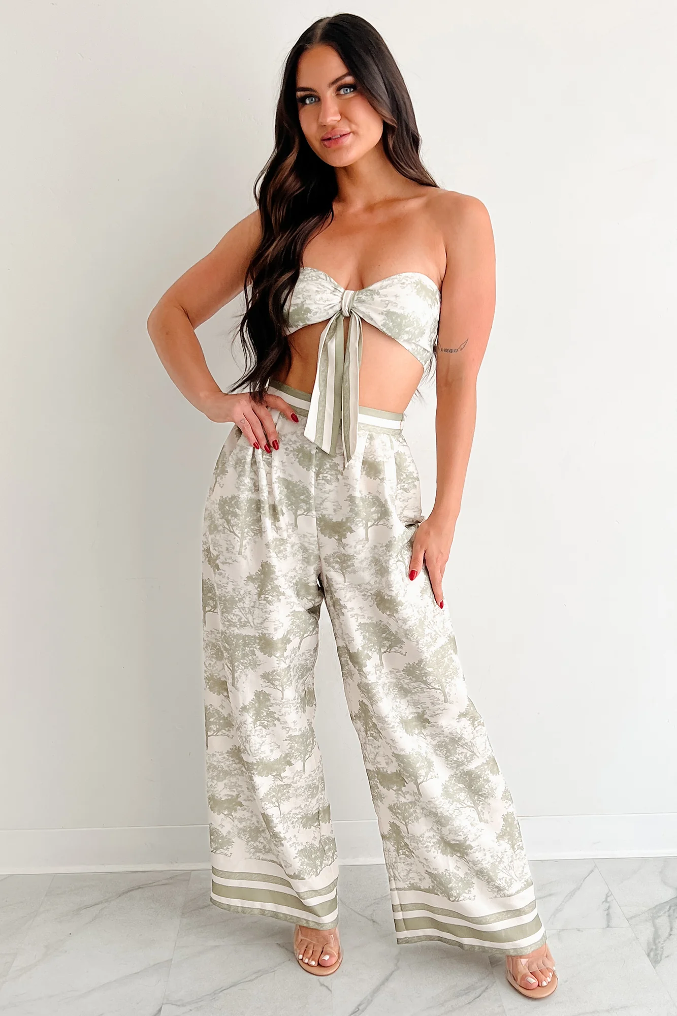 On Brand Printed Bandeau Top & Pants Set (Ivory/Sage) - Image 2