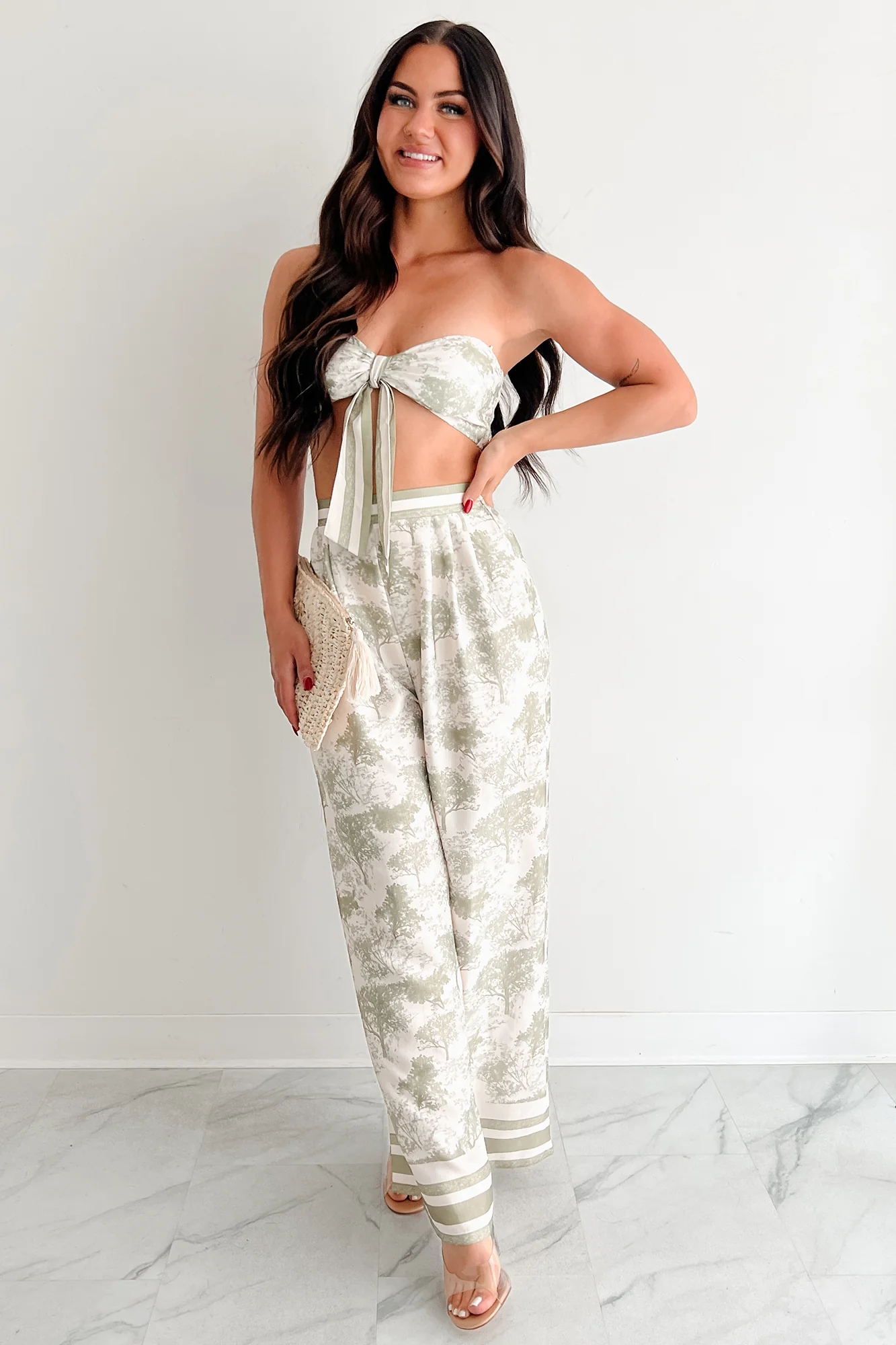 On Brand Printed Bandeau Top & Pants Set (Ivory/Sage) - Image 4