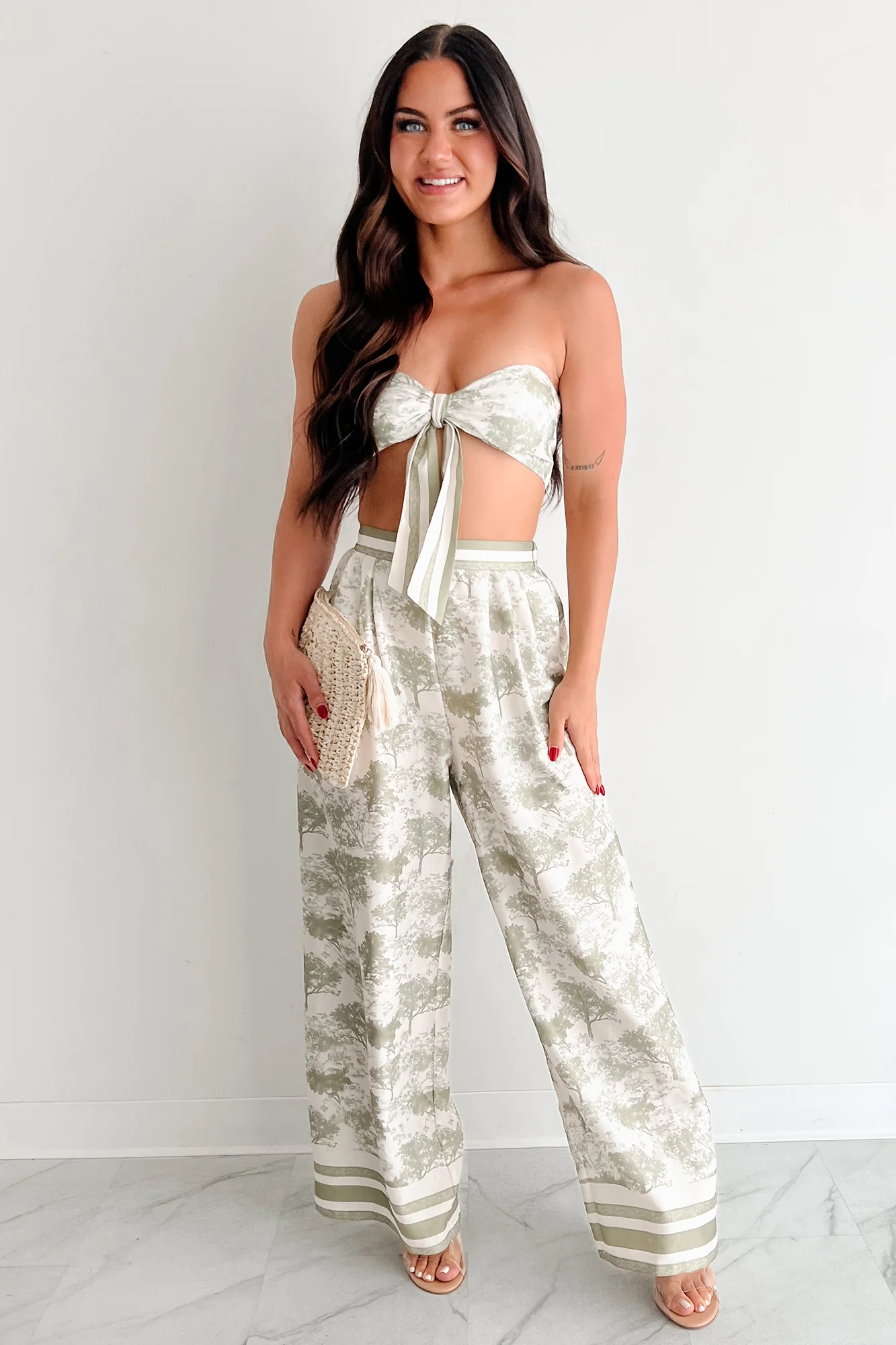 On Brand Printed Bandeau Top & Pants Set (Ivory/Sage) - Image 5