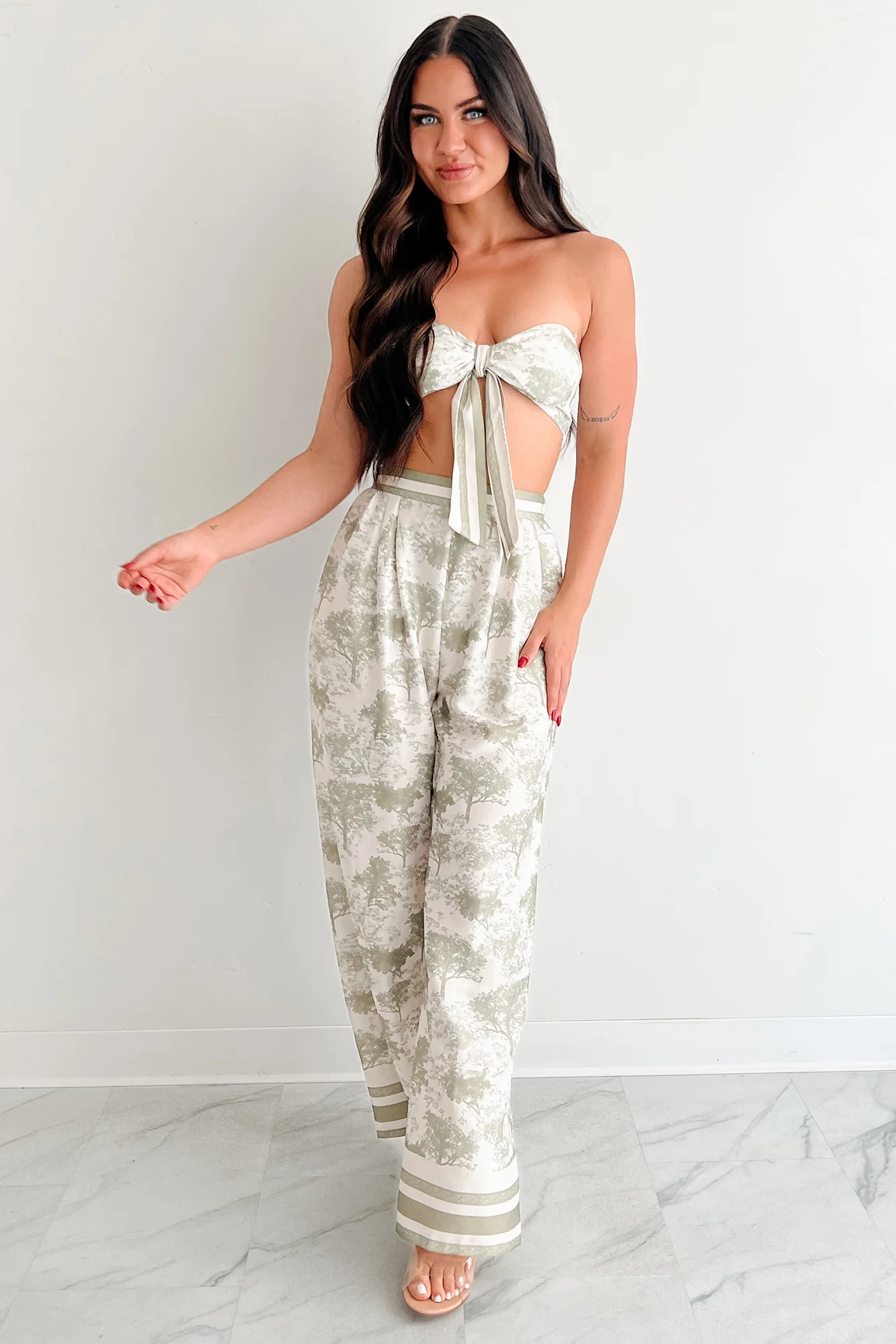 On Brand Printed Bandeau Top & Pants Set (Ivory/Sage) - Image 6