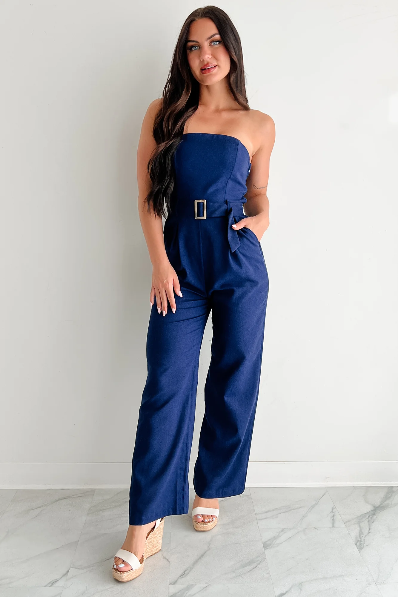 One More Page Strapless Belted Jumpsuit (Navy) - Image 6