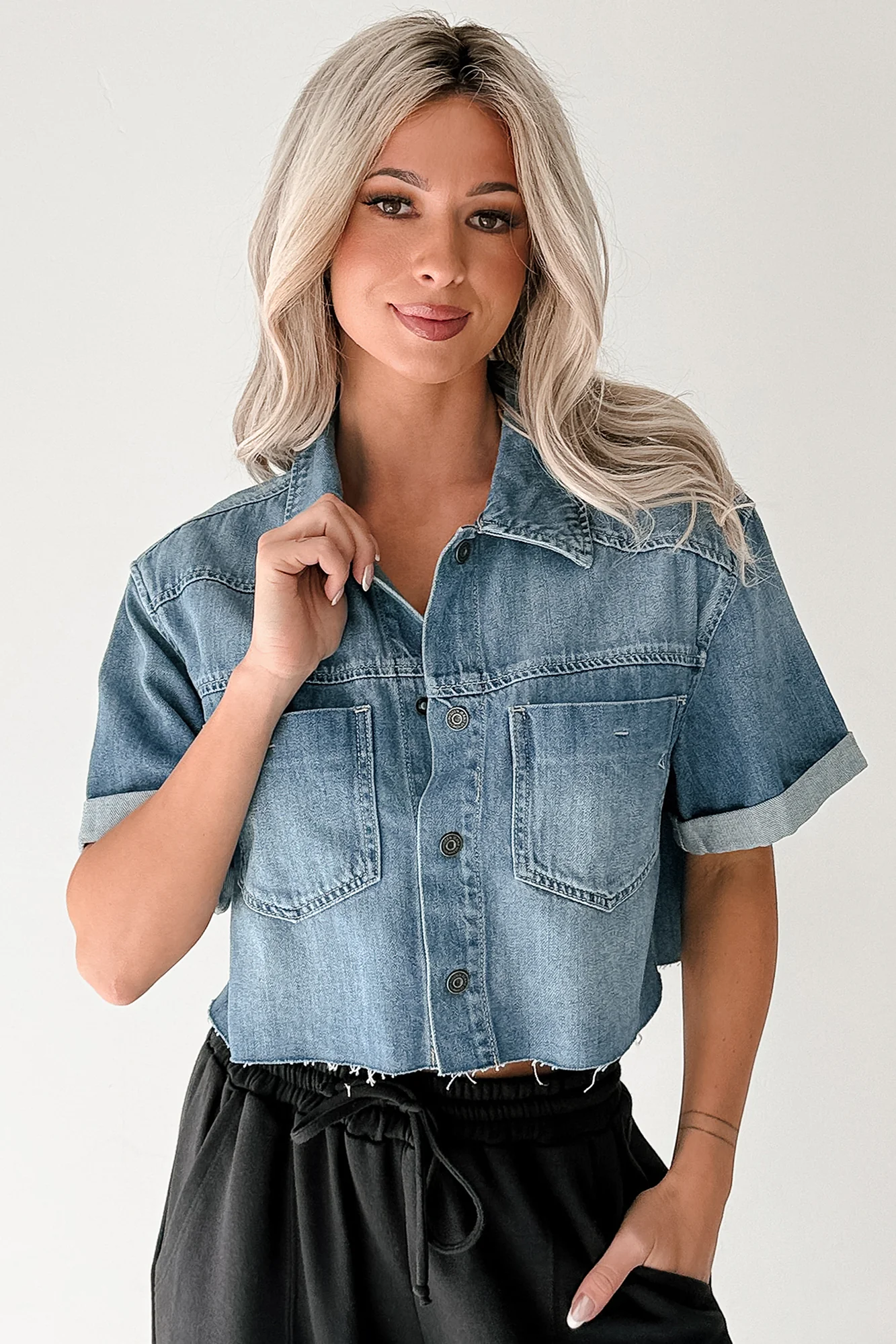 Out & About Short Sleeve Denim Crop Top (Medium) - Image 14
