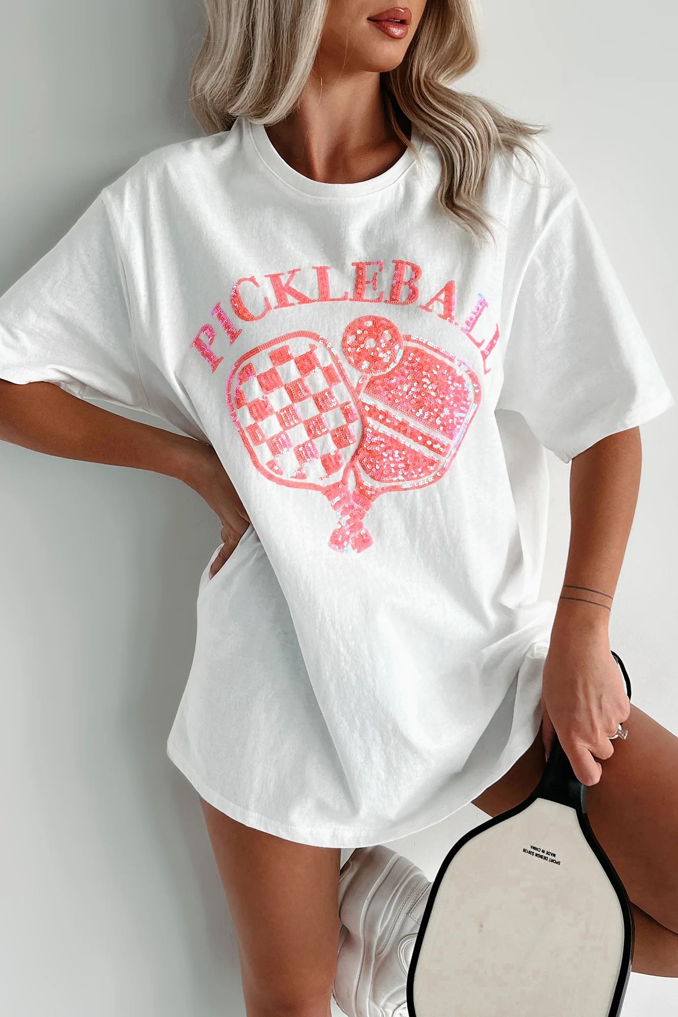 Prepped For Pickleball Oversized Sequin Graphic T-Shirt (Off White) - Image 9