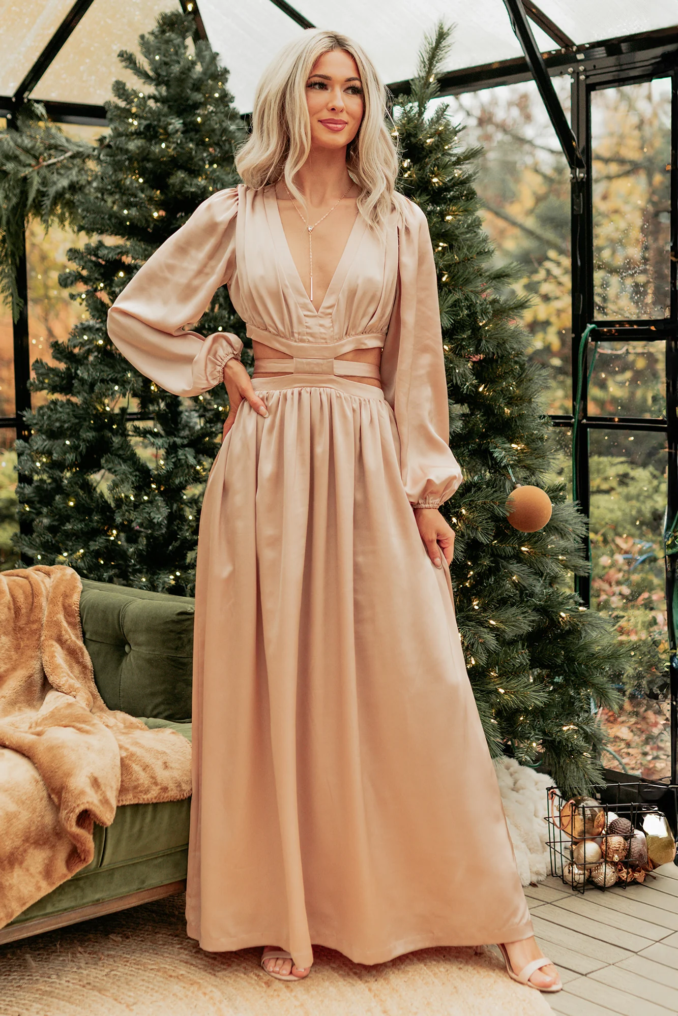 Pure Glamour Long Sleeve Satin Maxi Dress (Gold) - Image 5