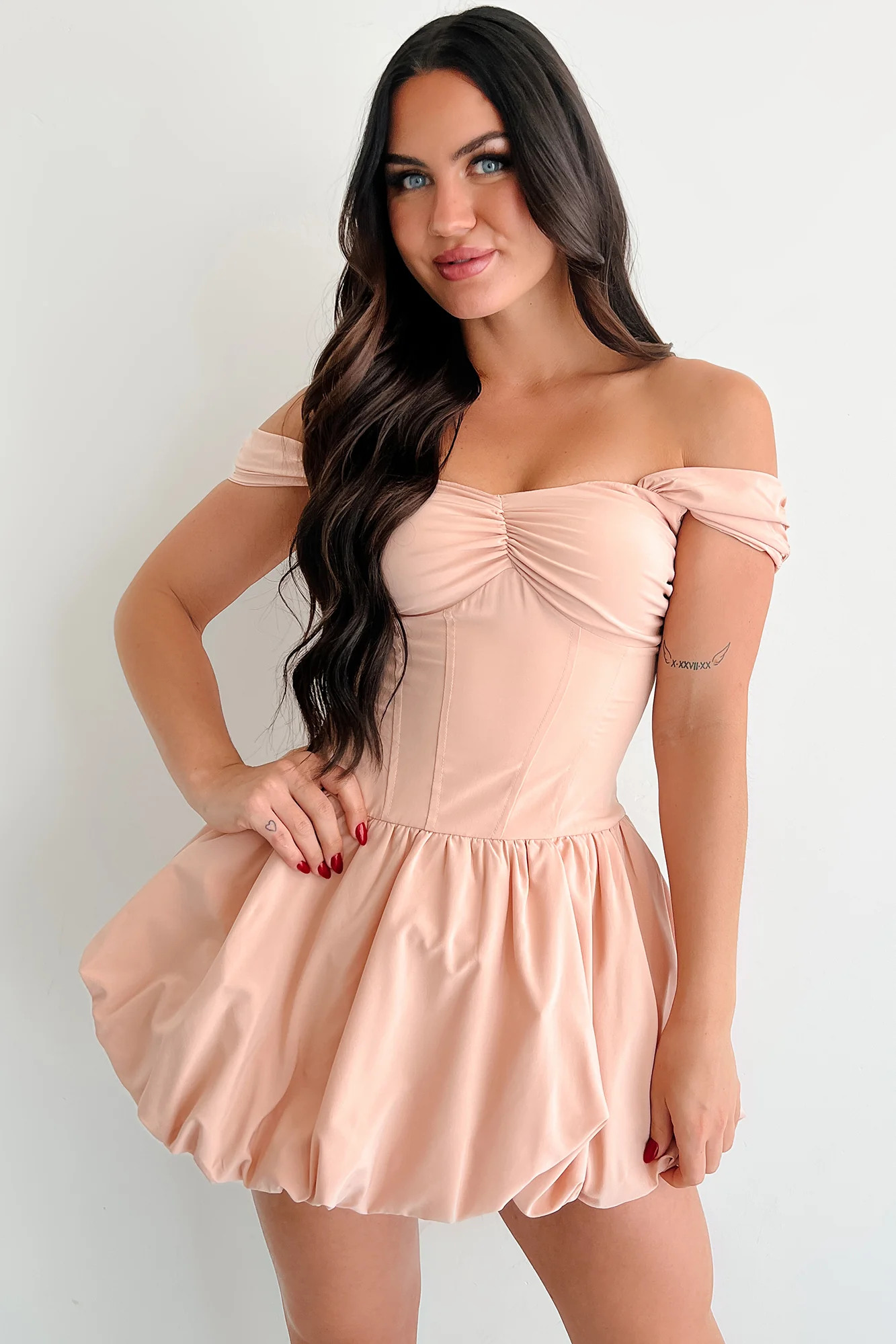 Quiet Hour Off Shoulder Bubble Mini Dress (Warm Peach) - Image 5