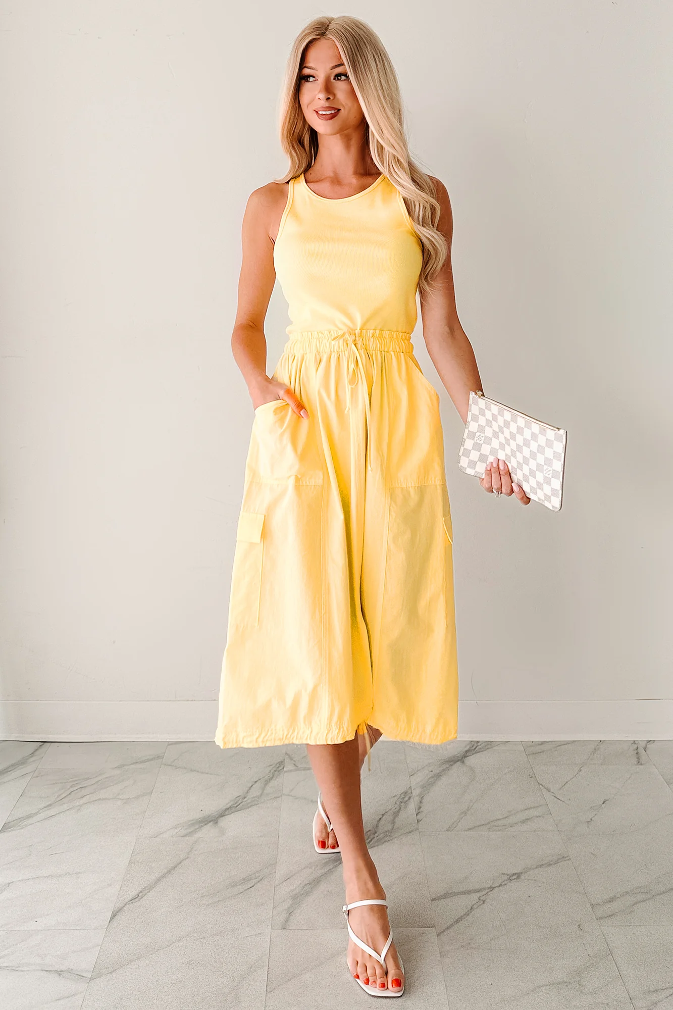 Quietly Extra Sleeveless Cargo Midi Dress (Yellow)