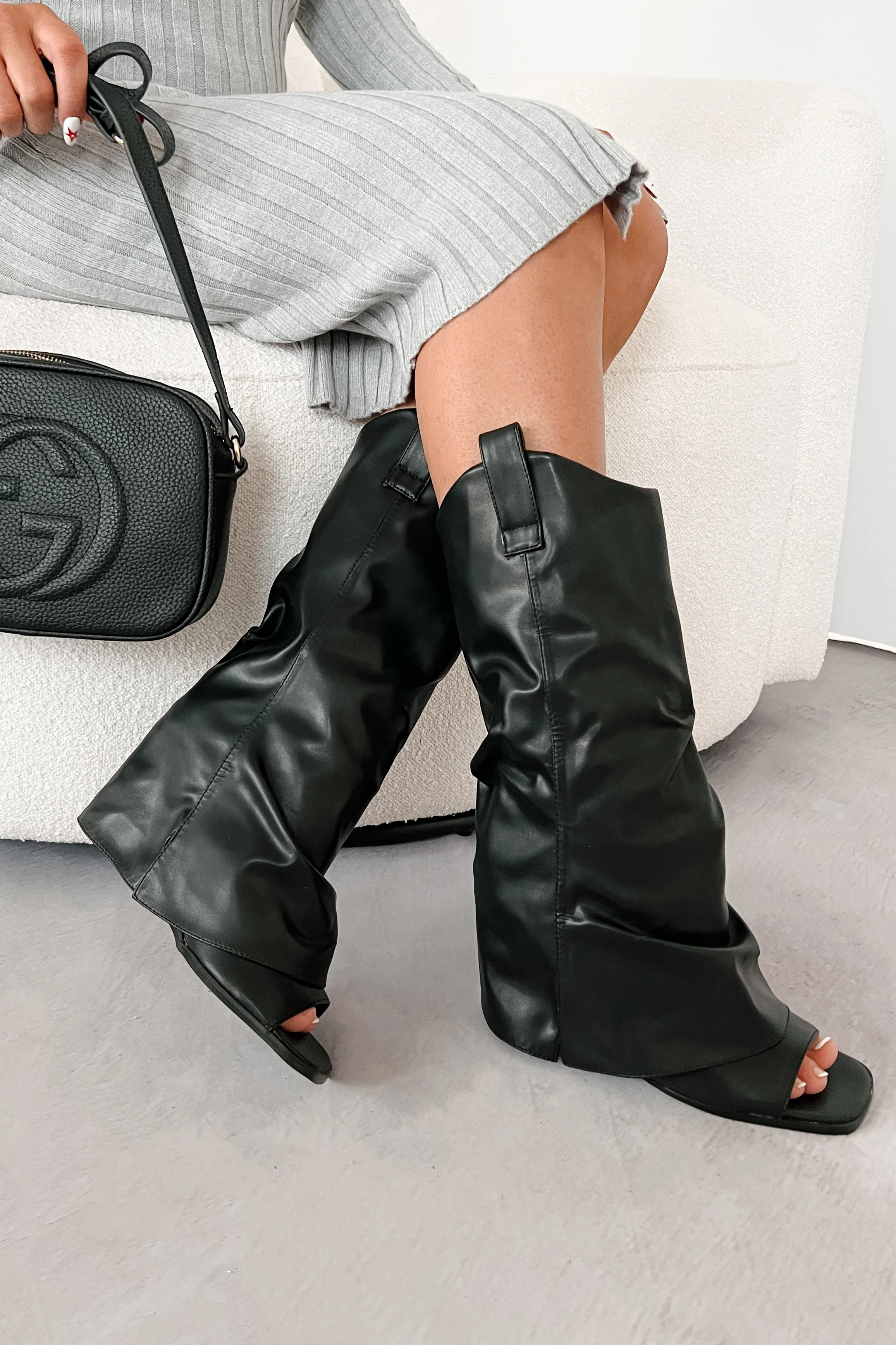 Quite Stylish Open Toe Knee High Wedge Boots (Black) - Image 4