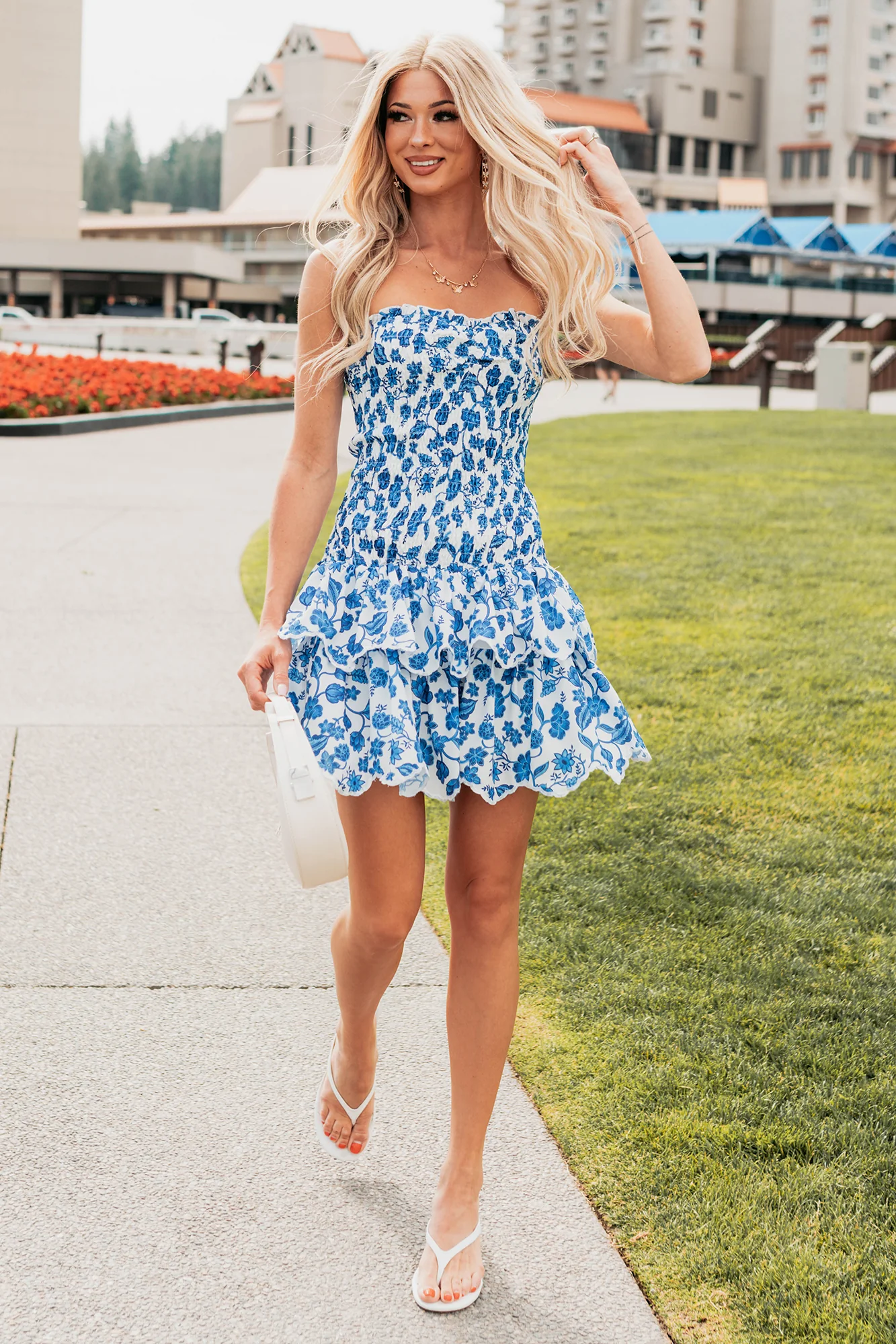 Ran My Way Smocked Floral Mini Dress (White/Blue) - Image 2
