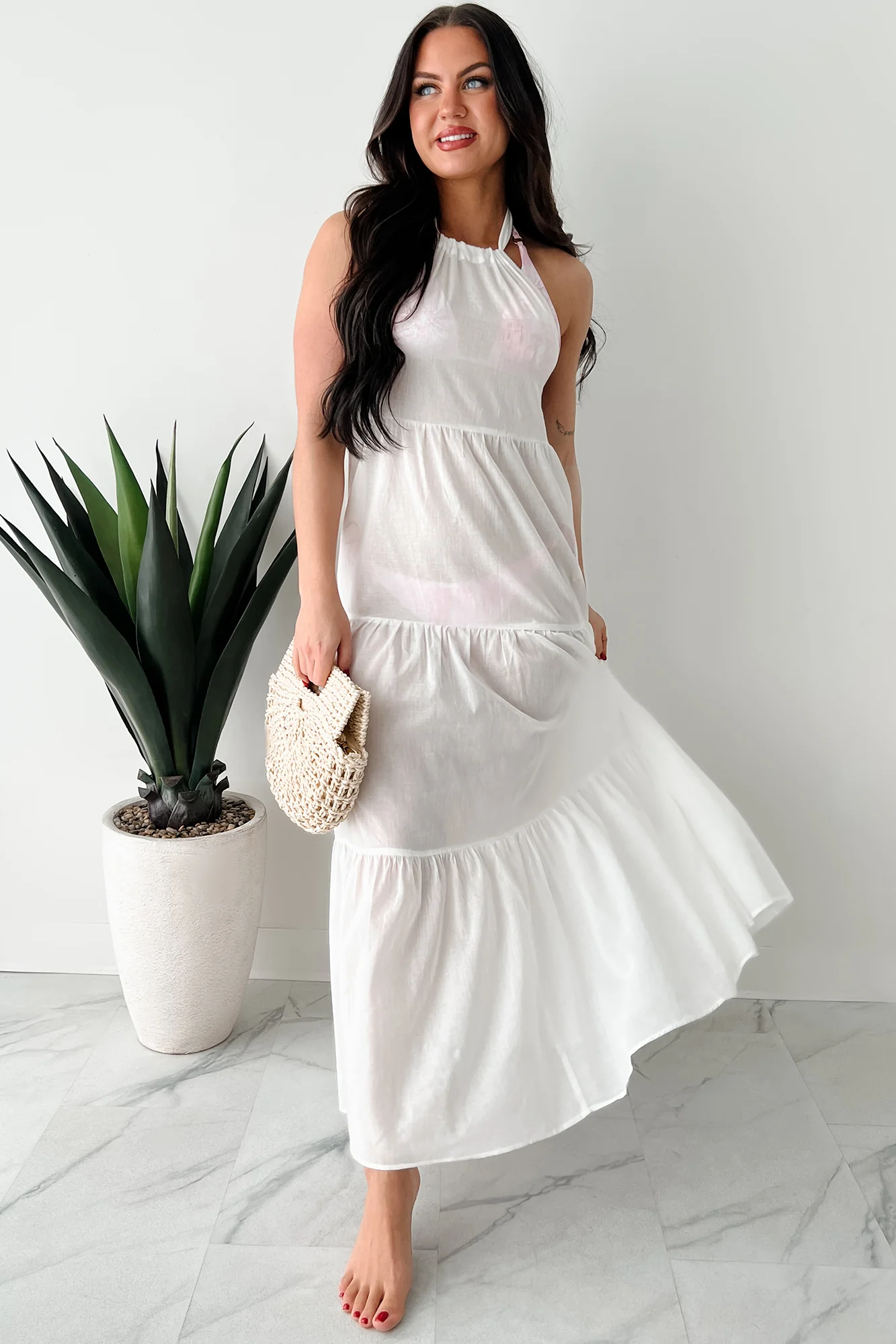 Reach To The Skies Halter Maxi Coverup Dress (Off White)