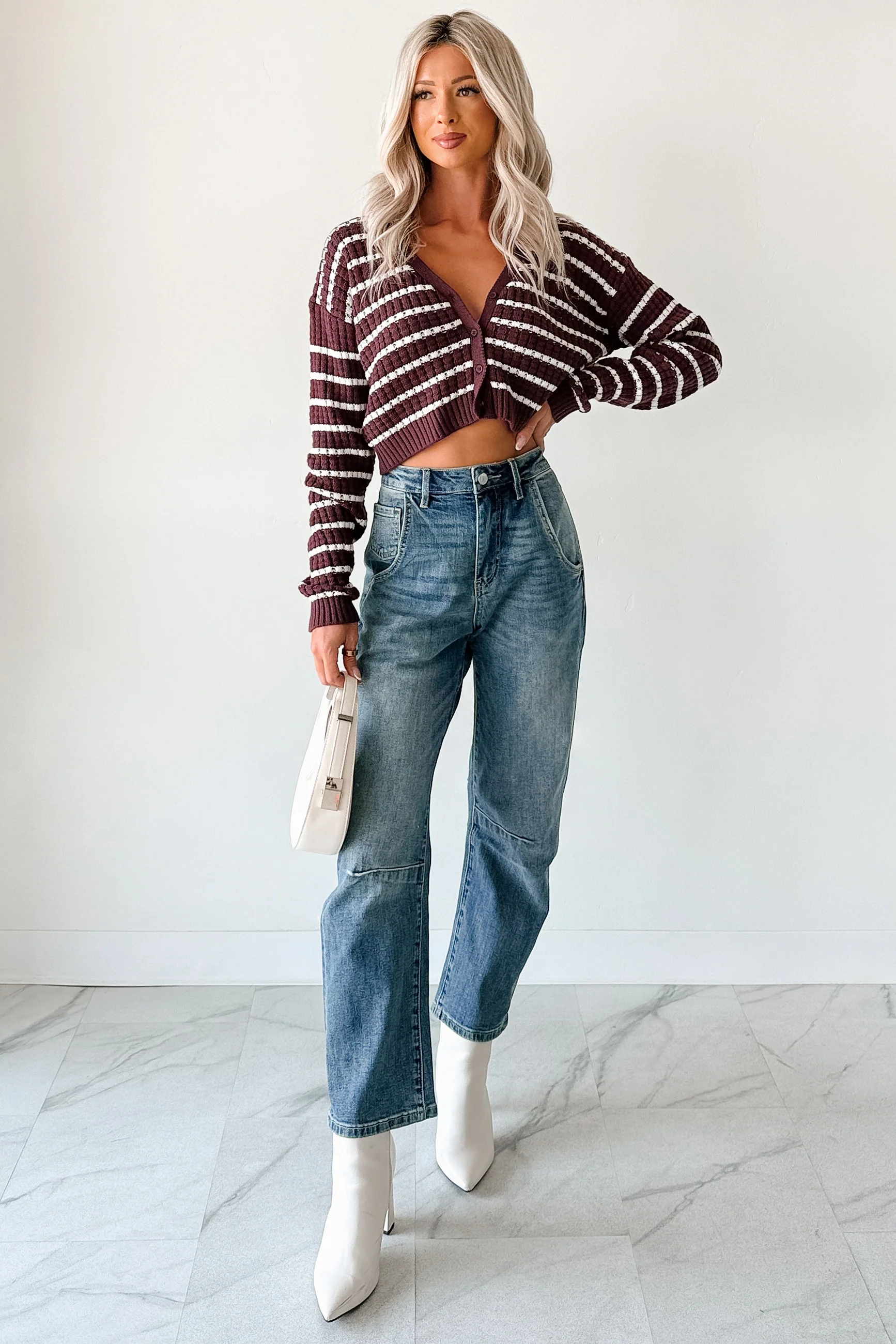Relax & Flow Striped V Neck Cardigan Top (Dark Cherry/White) - Image 3