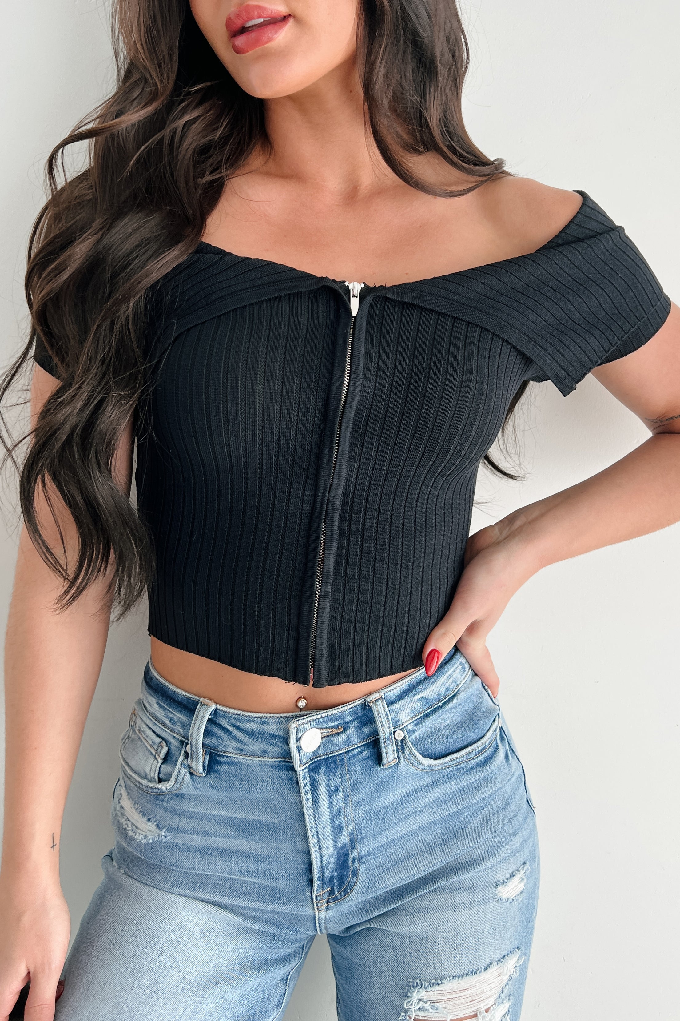 Relaxed Yet Refined Off Shoulder Zip-Up Top (Black) - Image 2