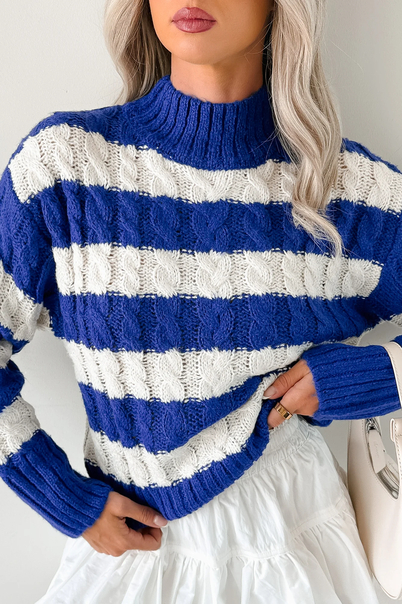 Restful Rhythm Cable Knit Striped Sweater (Royal) - Image 7