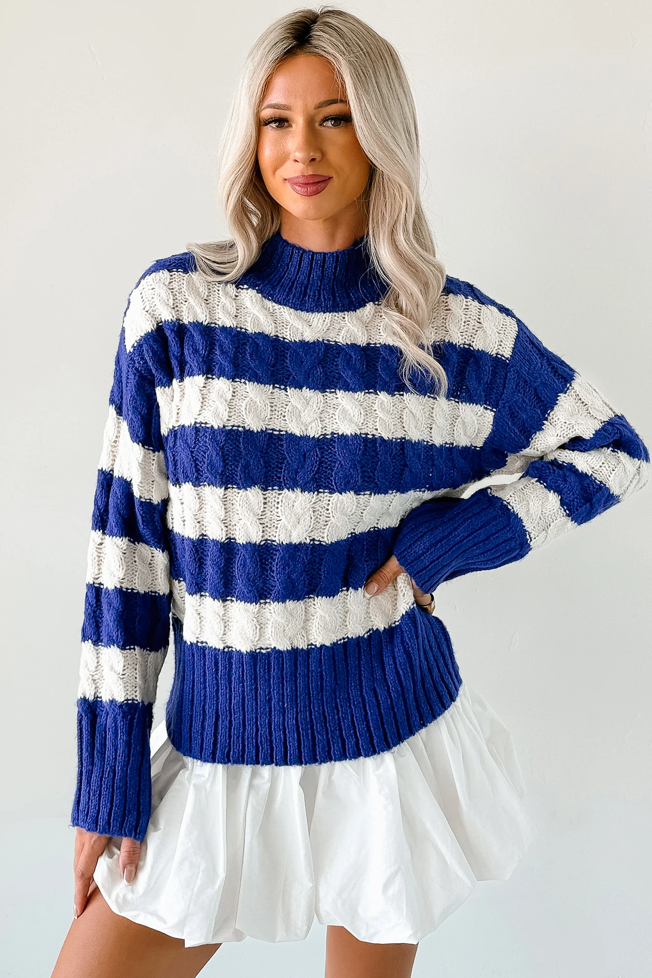 Restful Rhythm Cable Knit Striped Sweater (Royal) - Image 8