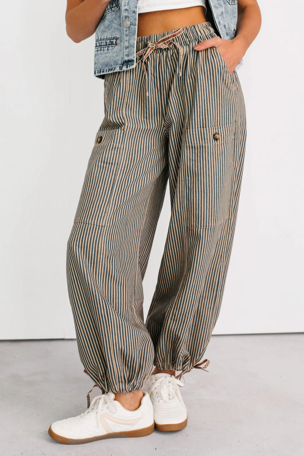 Restless Heart Striped Wide Leg Drawstring Pants (Latte) - Image 2