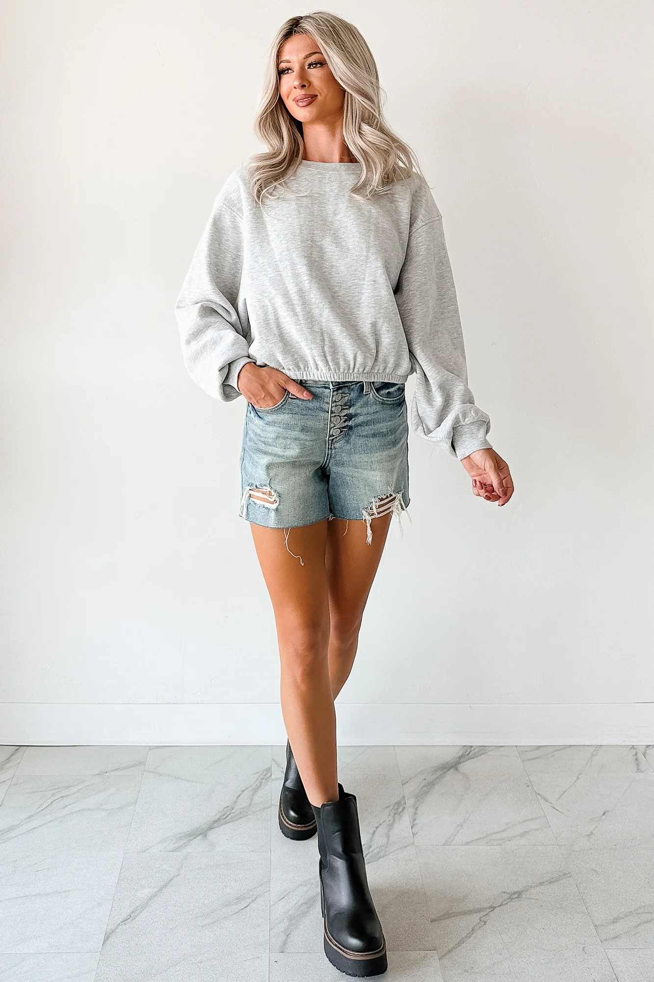 Right At Home Elastic Hem Sweatshirt (Heather Gray) - Image 3
