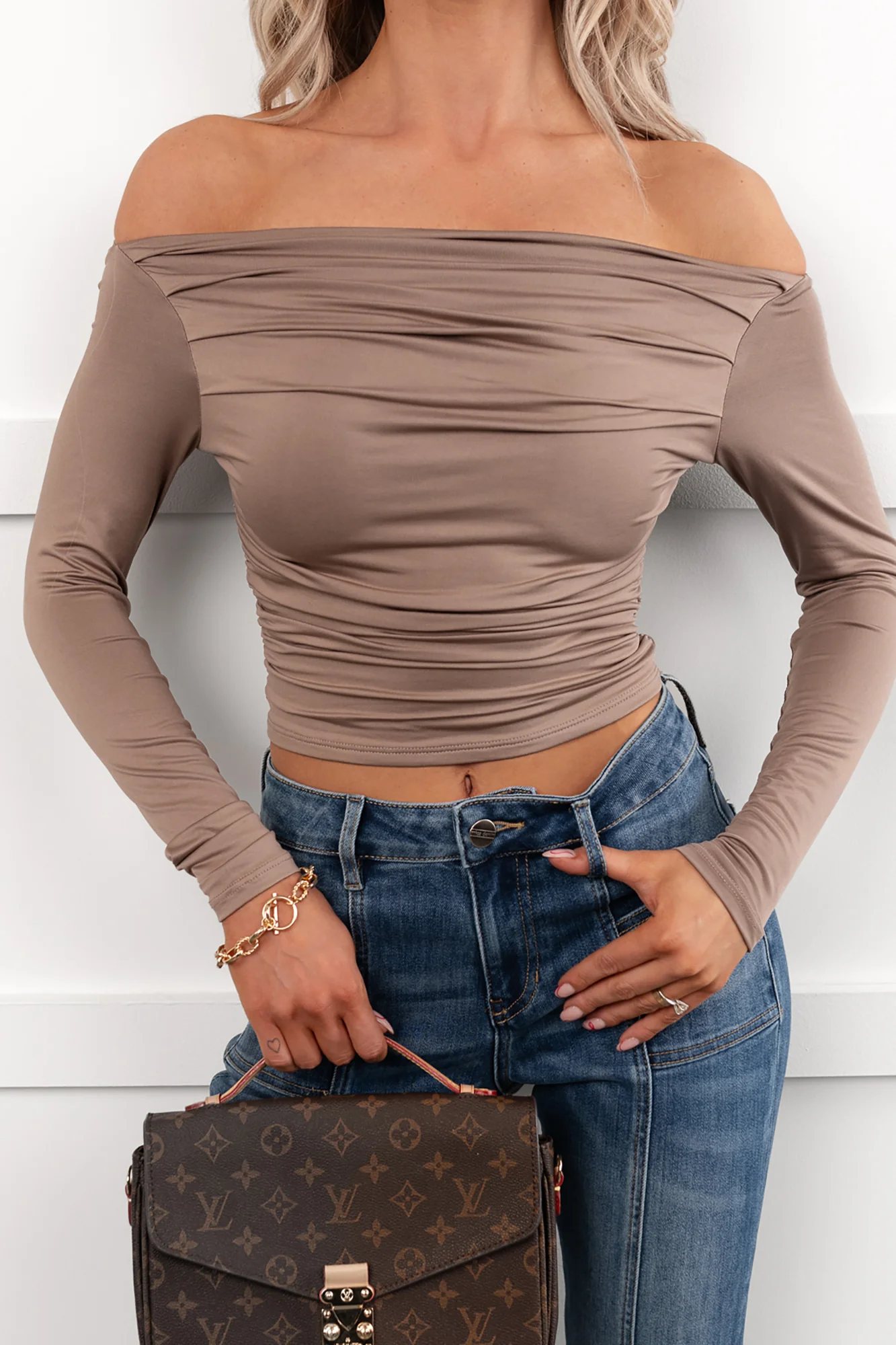 Rosy Reality Boat Neck Long Sleeve Crop Top (Taupe) - Image 2