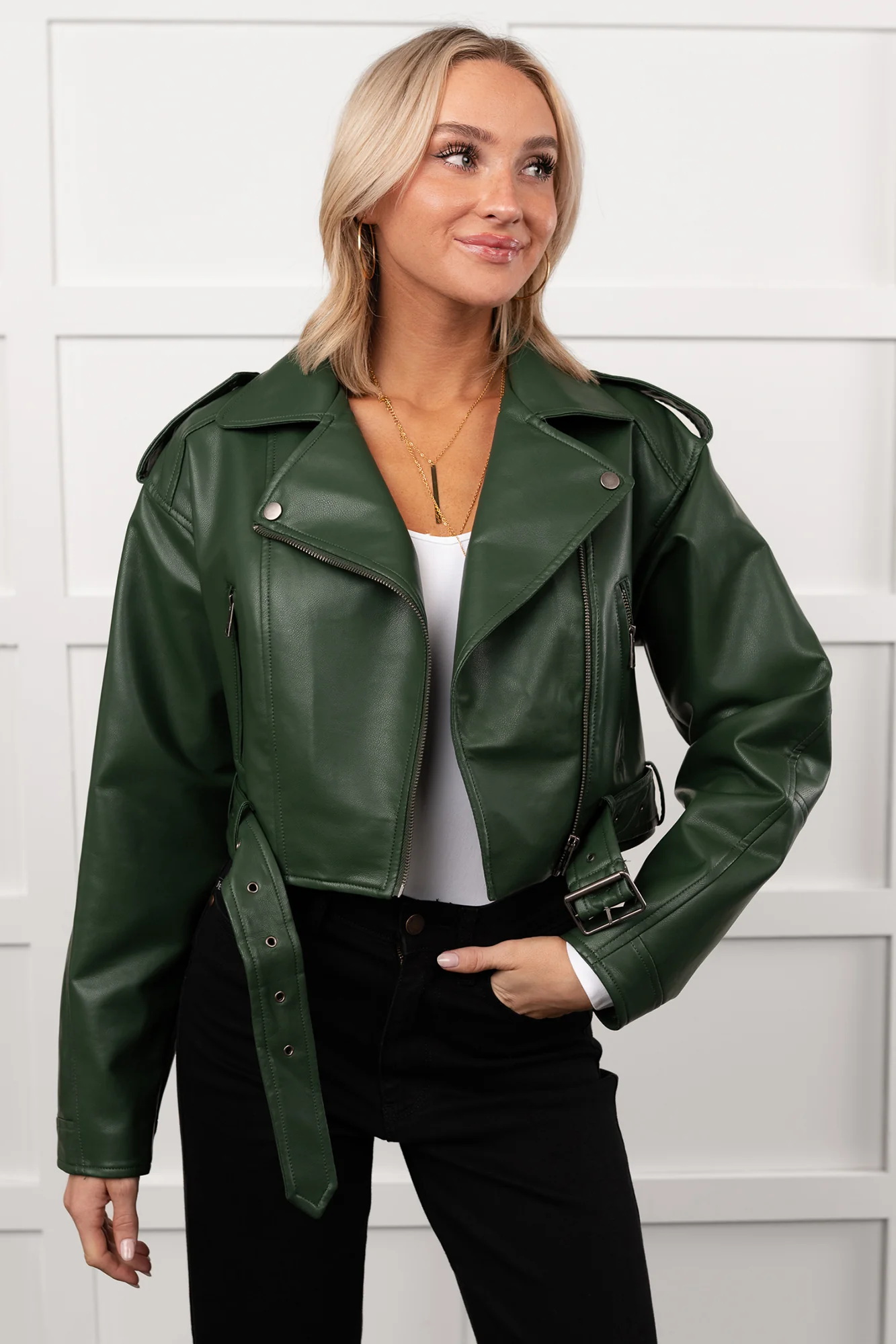 Rule Maker Faux Leather Cropped Jacket (Hunter Green) - Image 5