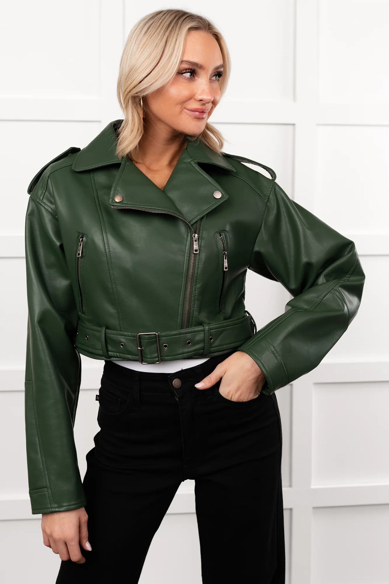 Rule Maker Faux Leather Cropped Jacket (Hunter Green) - Image 8