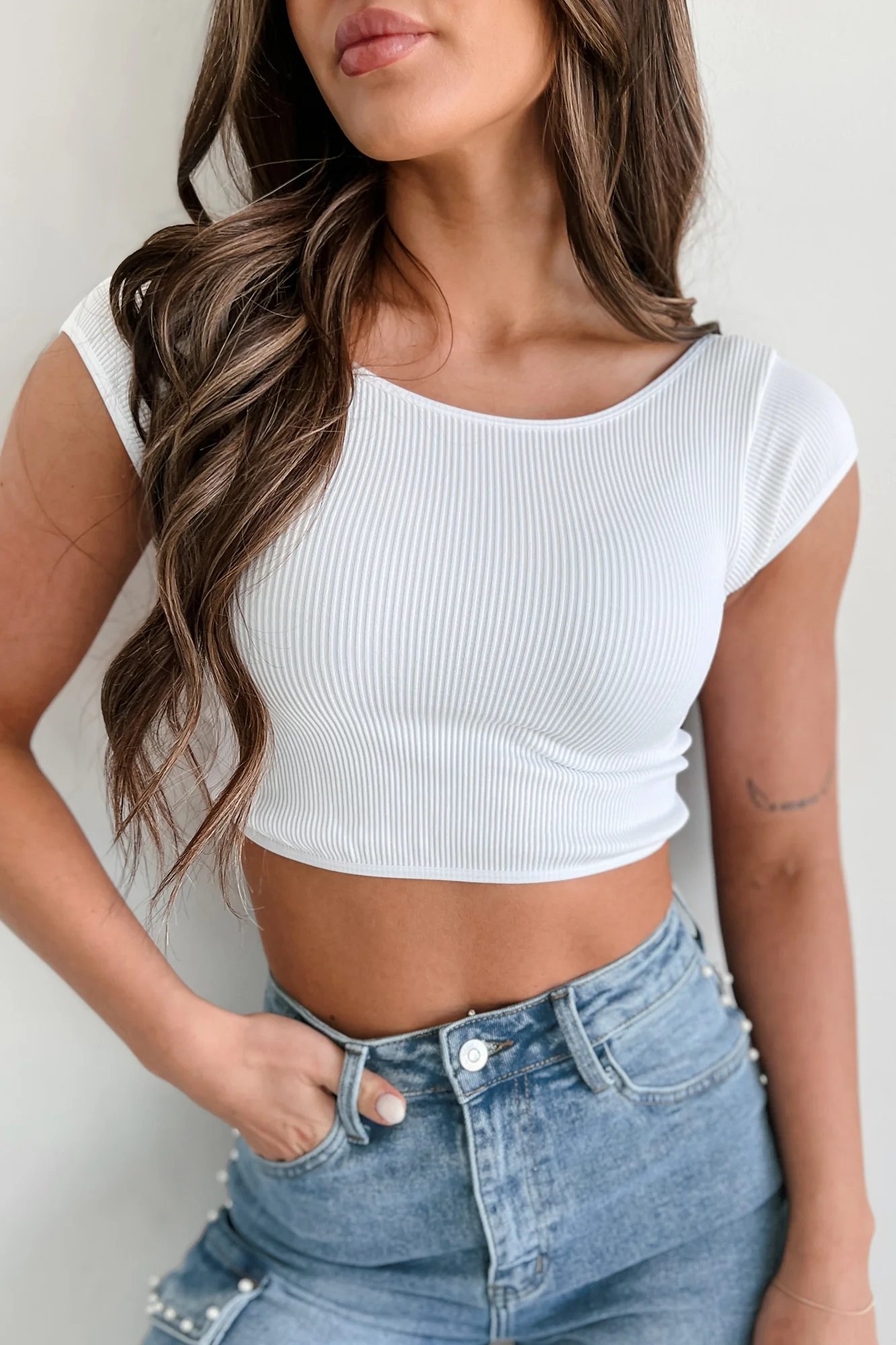 Santana Ribbed Scoop Back Crop Top (White) - Image 8