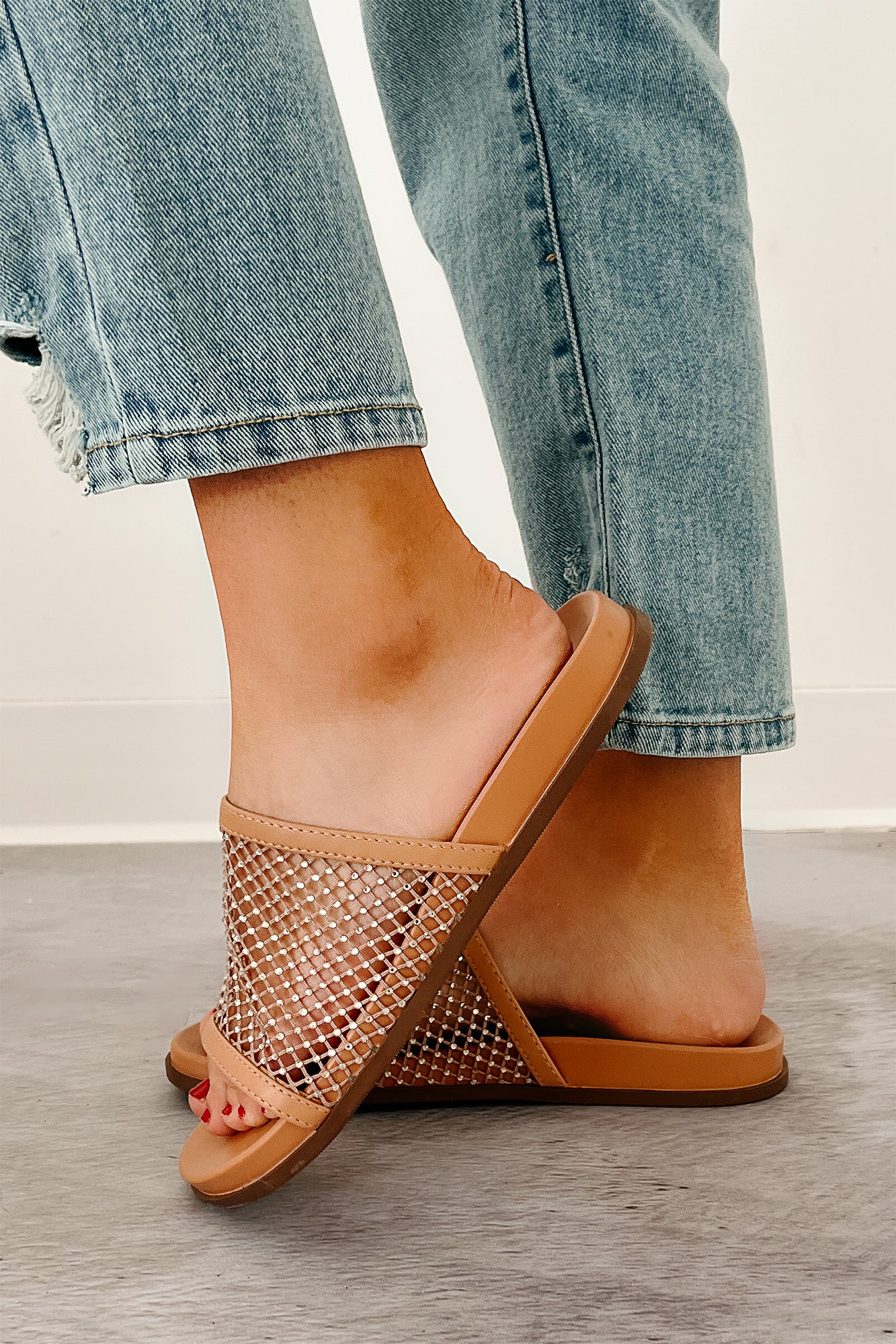 Shine On You Rhinestone Mesh Slide Sandals (Tan) - Image 2