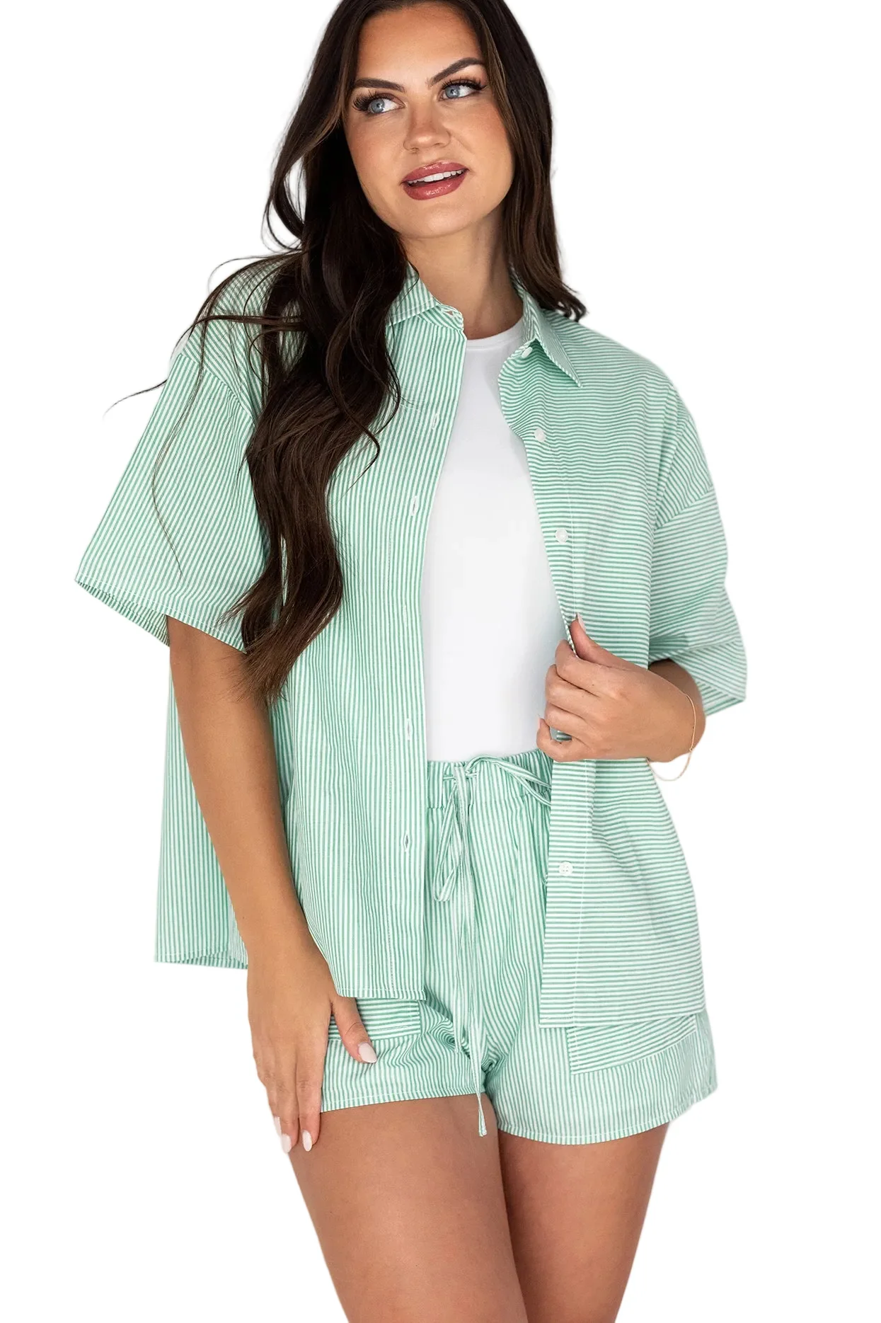 Sigrid Oversized Short Sleeve Button-Down (Green/White Stripe) - Image 5