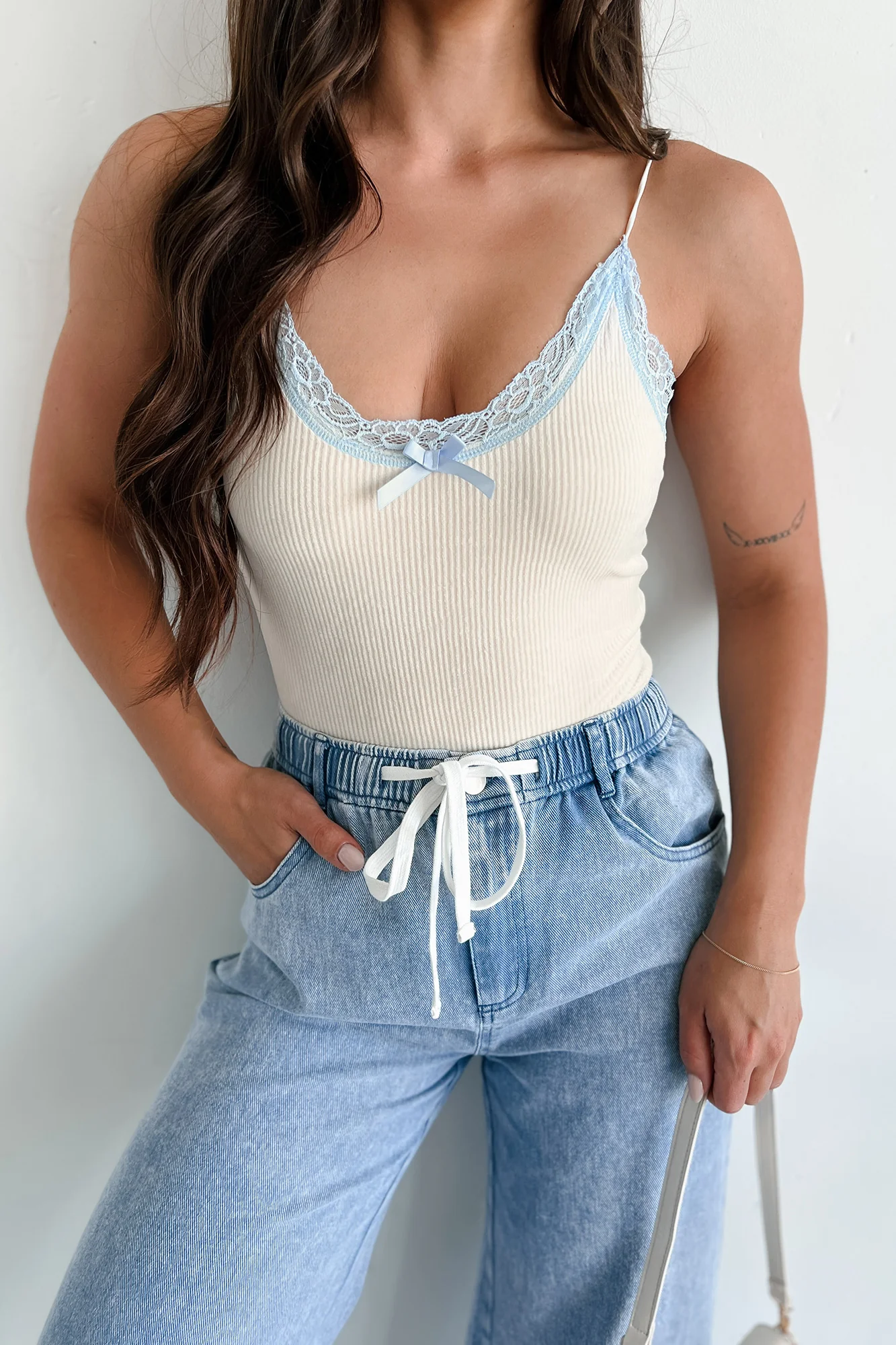 Simply Fiction Lace Trim Velvet Bodysuit (Cream/Light Blue) - Image 2
