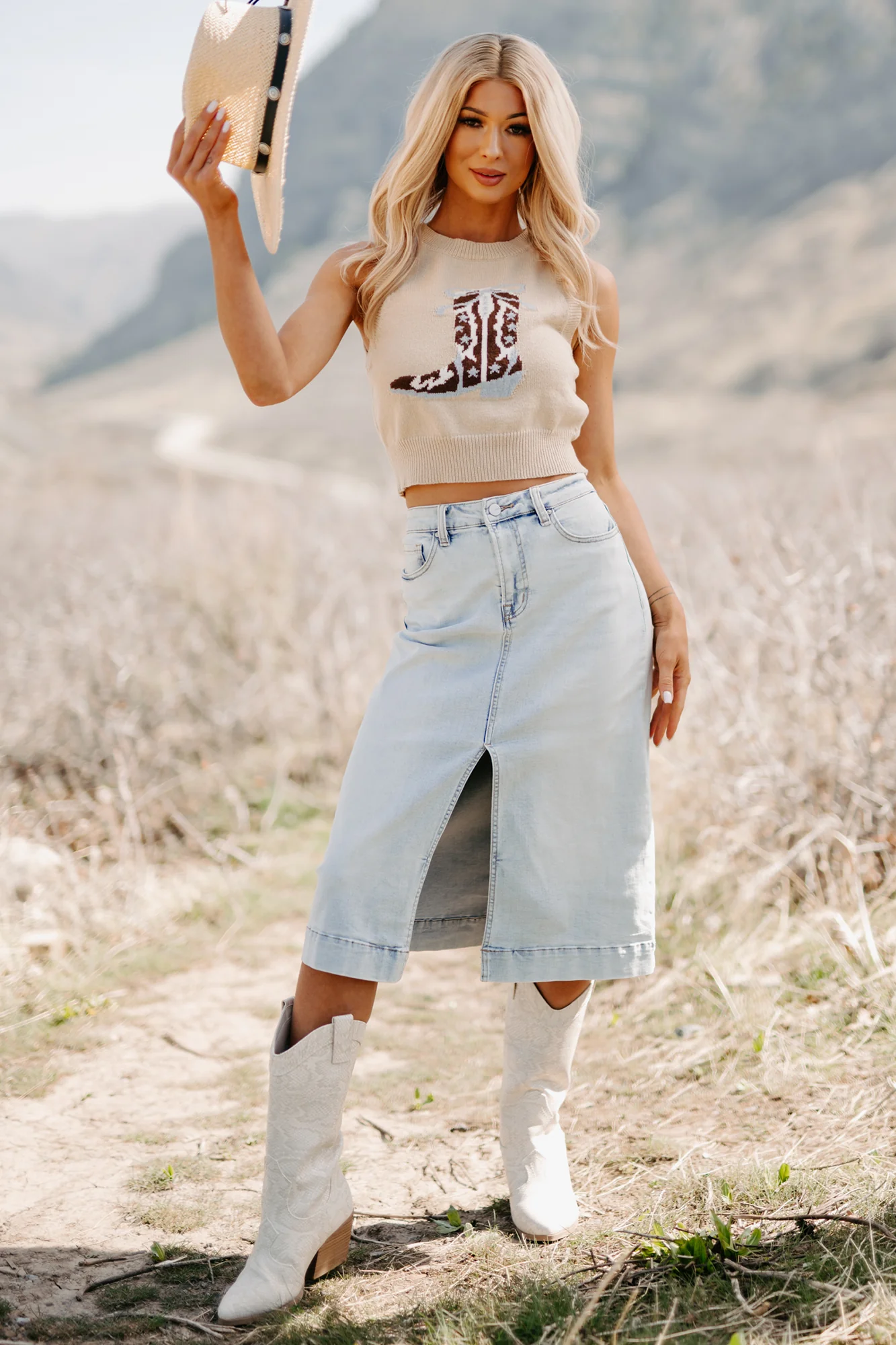 Skirtin' Around High Rise Denim Midi Skirt (Light) - Image 3