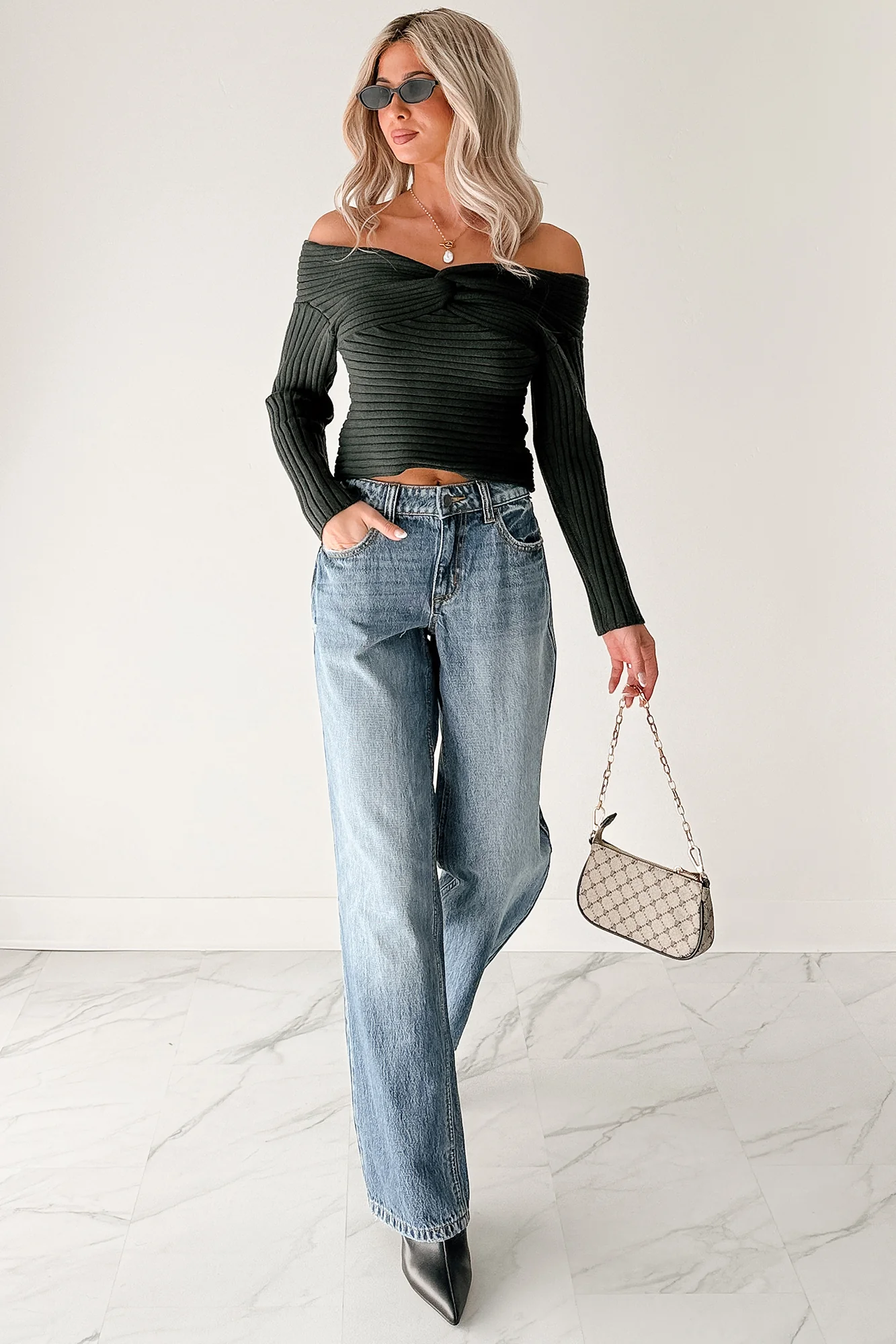 Soft Mirage Off The Shoulder Cable Knit Top (Green) - Image 2
