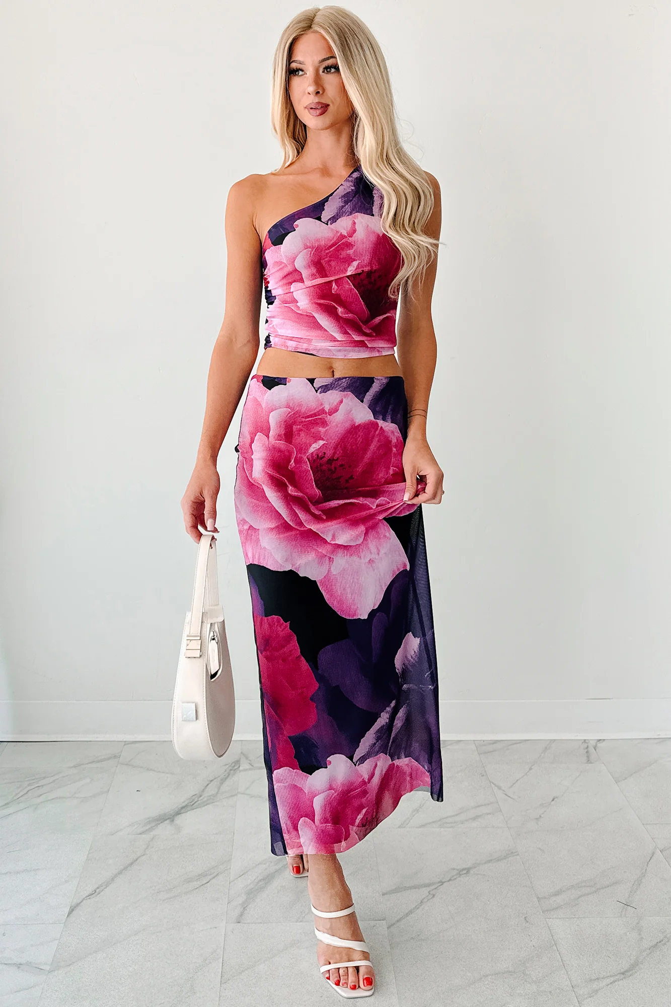 Soft Reign One Shoulder Floral Mesh Top (Purple/Pink) - Image 9
