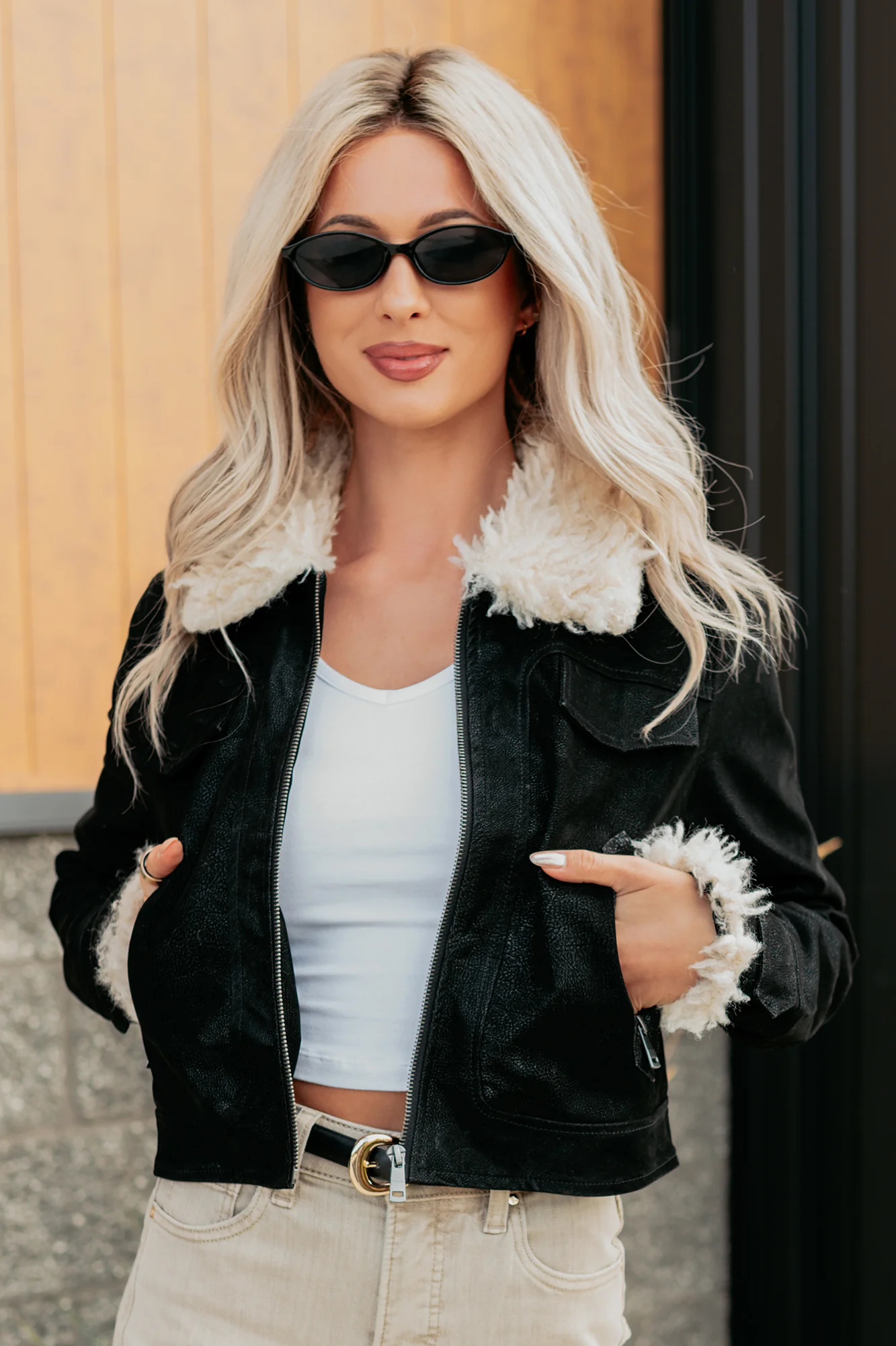 Soulful Strolls Shearling Aviator Jacket (Black/Cream) - Image 6
